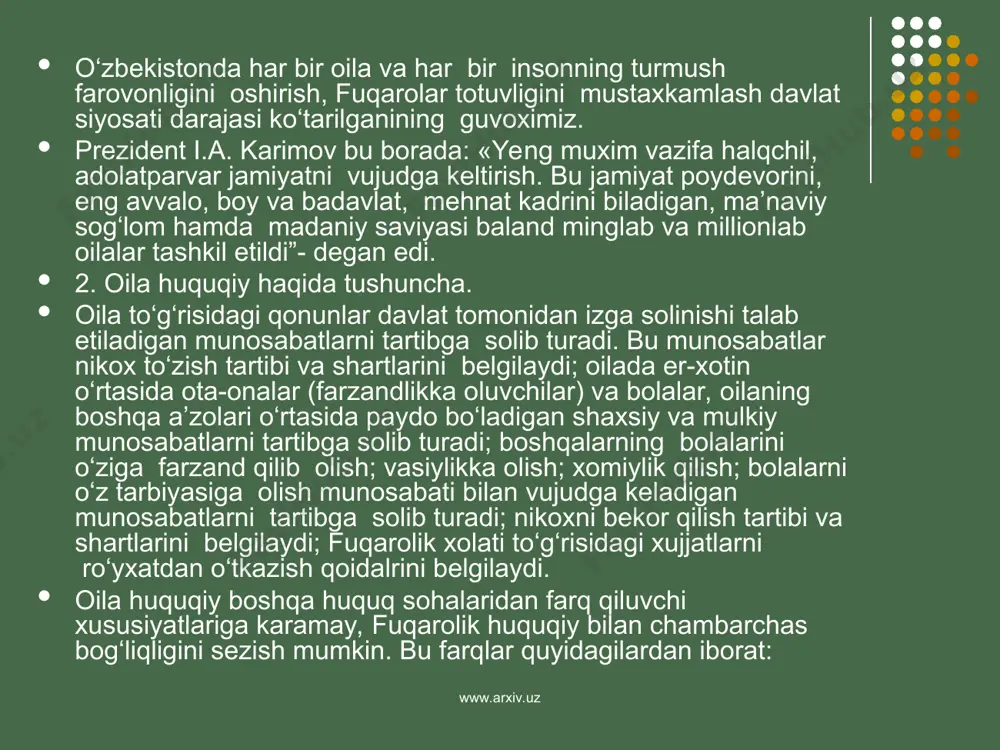 chilarning o‘zaro roziligi; bu borada o‘zbekiston respublikasi oila kodeksining 14-moddasida:- “nikox to‘zish ixtiyoriydir. nikox to‘zish uchun bo‘lajak er va xotin o‘z roziligini erkin ifoda etish qobiliyatiga ega bo‘lishi kerak. nikox to‘zishga majbur qilish taqiqlanadi” deb belgilangandir. oila to‘g‘risidagi qonun xujjatlarida boshqa shartlar xozircha mavjud emas. o‘zbekiston respublikasi oila kodeksida oila to‘zishdagi shartlari qatorida, nikox to‘zishga majlis qiladigan xolatlar ham kayd etilgan: -loaqal bittasi ro‘yxatga olingan boshqa nikoxda to‘rgan shaxslar o‘rtasida; nasl-nasab shajarasi buyicha to‘g‘ri tutashgan karindoshlar o‘rtasida; to‘g‘ishgan va ugay aka-ukalar bilan opa-singillar o‘rtasida, shuningdek farzandlikka oluvchilar bilan farzandlikka olinganlar o‘rtasida; loaqal bittasi ruxiyat bo‘zilishi (ruxiy kasalligi yoki aqli zaifligi) sababli sud tomonidan muomalaga layoqatsiz deb topilgan shaxslar o‘rtasida yo‘l qo‘yilmaydi. oila kodeksining 17-moddasini nikoxdan utishning yangi sharti deyish mumkin: u “nikoxlanuvchi shaxslarni tibbiy ko‘rikdan o‘tkazish” deb nomlanadi. nikoxlanuvchi shaxslarni tibbiy ko‘rikdan o‘tkazish, shuningdek tibbiy-irsiy hamda oilani rejalashtirish masalalari bo‘yicha maslaxat berish nikoxlanuvchi shaxslarning roziligi bilan davlat sog‘liqni saqlash tizimi …