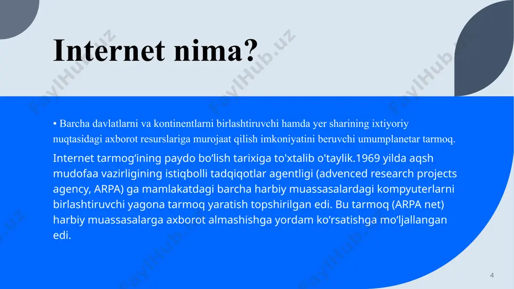 yuz berayotgan joydan toʻgʻridantoʻgʻri olib berishga ham qodir. 14 butun dunyo tarmog'i va internet 15 shlyuz (gateway) -ma'lumotlarni uzatishning turli qaydnomalarini internet foydalanadigan elektron pochtaning oddiy qaydnomasi stmp ga (simple mail transfer protikal-elektron pochta uzatishning oddiy qaydnomasi) aylantiradigan kompyuter. aslida shlyuz bu dasturlar majmuidir. bunda shlyuz maqsadida foydalanadigan kompyuterga katta talablar qo'yilmaydi. buning uchun unda shlyuz vazifasini o'taydigan dasturlar bilan ishlash imkoni bo'lsa, bo'ldi holos. demak, ilgaridan o'z lokal kompyuter tarmog'ingizda biror sistema bilan ishlab kelayotgan bo'lsangiz, uni internetga ulamoqchi bo'lsangiz ana shunday shlyuz dasturni oʻrnatsangiz etarli. 15 global tarmoq 16 ﻿ global tarmoq haqida tushuncha global kompyuter tarmoqlari turli mamlakatlarda turli kit'alarda joylashgan abonentlarni birlashtiradi. obonentlar orasida aloqa bunday tarmoqlarda telefon liniyalarida, radio aloqa, sputnik aloqa tizimlari asosida amalga oshiriladi. global tarmoq dunyoning ixtiyoriy davlatidagi kompyuterlarni o'zida birlashtirish imkoniga ega boʻlgan tarmoq bu tarmoq internet deb ham yuritiladi. internet - bu minglab lokal va mintaqaviy kompyuter tarmoqlarini bir butun …