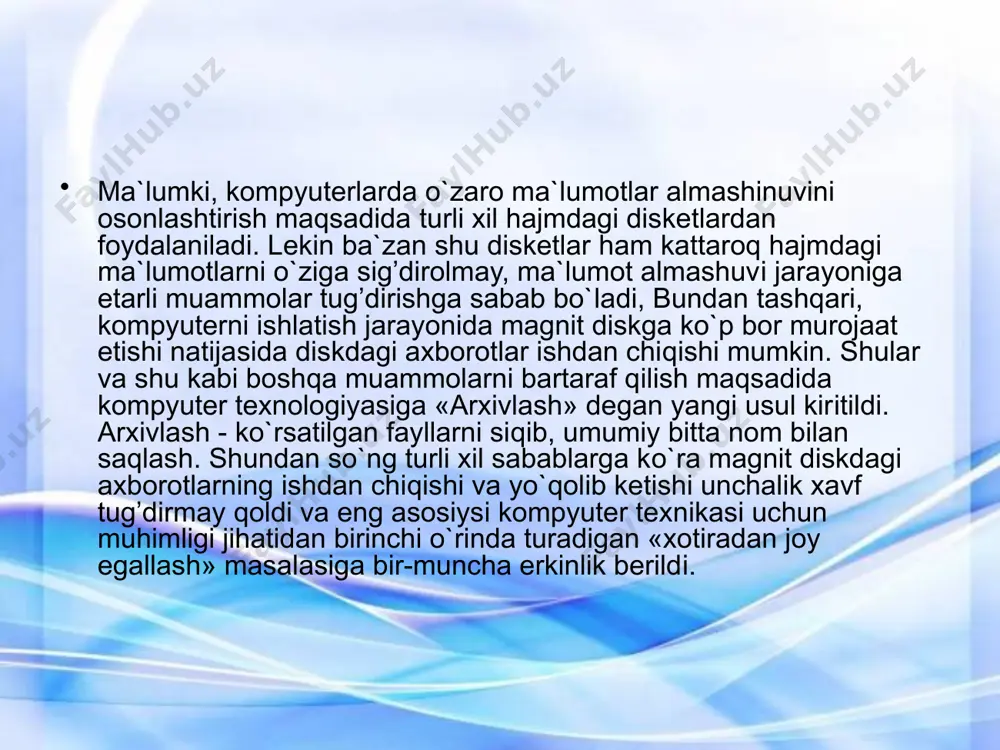 i: winzip wizard (master winzip) va winzip classic (klassik usuli) mavjud. ish usulini tanlashni winzip dasturini kompyuteringizga o`rnatgandan so`ng amalga oshirishingiz mumkin. ish davomida esa boshqaruv elementlari yordamida bemalol bir usuldan boshqa usulga o`tish mumkin. winzip wizard usuli soddaroq usul bo`lib, bir marotabali ma`lum vazifani - hosil bo`lgan faylni arxivdan chiqarishga mo`ljallangan. arxivlardan chiqarish winzip dasturini boshlang’ich menyu orqali ishga tushiring. chiqarishingiz kerak bo`lgan arxivni oching. buning uchun winzip wizard bosh oynasida file open archive (fayl - arxiv ochish)ni tanlang. yoki winzip bosh oynasida oren (chiqarish) tugmasini bosing. agar arxiv qattiq diskda joylashgan bo`lsa ish mobaynida ilgari ochilgan bo`lishi ham mumkin. bu holda arxivni favorites (taylangan) buyruq tugmasi orqali ochish qulayroqdir. bu buyruq tugmasini birinchi bor qo`llaganingizda, winzip shaxsiy kompyuterning barcha qattiq disklarini ko`rib chiqib, winzip kengligiga ega fayllarni bitta ro`yxatga to`plab qo`yadi. keyingi bor zip kengligidagi fayllarga favorites (tanlangan) buyruq tugmasini bir marotaba bosish orqali ochish qulay bo`lib qoladi. …