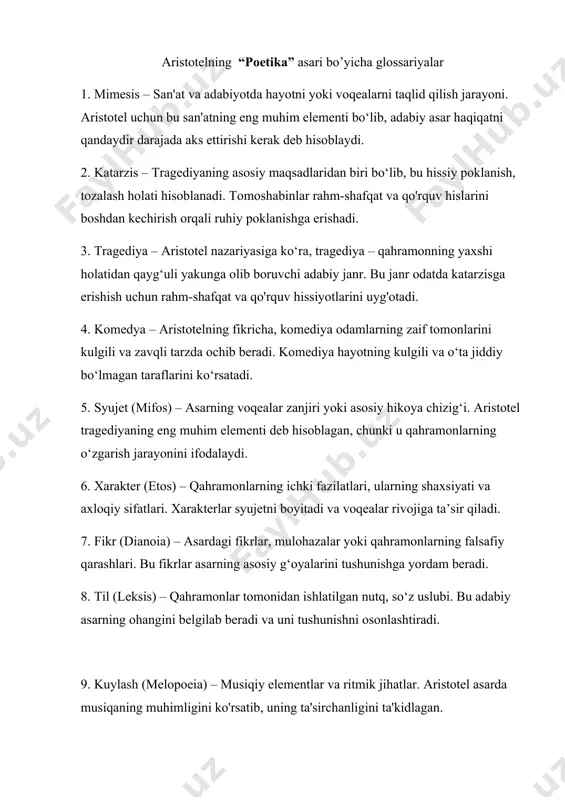 gi fikrlar, mulohazalar yoki qahramonlarning falsafiy qarashlari. bu fikrlar asarning asosiy g‘oyalarini tushunishga yordam beradi. 8. til (leksis) – qahramonlar tomonidan ishlatilgan nutq, so‘z uslubi. bu adabiy asarning ohangini belgilab beradi va uni tushunishni osonlashtiradi. 9. kuylash (melopoeia) – musiqiy elementlar va ritmik jihatlar. aristotel asarda musiqaning muhimligini ko'rsatib, uning ta'sirchanligini ta'kidlagan. 10. tomosha (opsis) – sahnaviy tomoshabin ko‘ziga ko‘rinadigan barcha elementlar, masalan, sahna dekoratsiyasi, qahramonlarning kiyimi, harakatlar. 11. anagnorisis – "tan olish" yoki "anglash" degan ma'noni anglatadi. bu qahramonning voqealar rivoji davomida muhim haqiqatni anglab yetish holati bo‘lib, ko‘pincha syujetda kutilmagan burilish yasaydi. 12. peripetia – "o‘zgarish" yoki "burilish" degan ma'noni bildiradi. syujetda kutilmagan holat yoki o‘zgarish, bu asosan qahramonning taqdiriga kuchli ta’sir qiladi. 13. hamartia – qahramonning "fojeaviy xatosi" yoki kamchiligi. bu xato sababli qahramon yomon taqdirga duchor bo‘ladi. aristotelning nazarida, hamartia qahramonning halokatiga olib keluvchi sababdir. 14. o'rinli va mantiqiy (ekatharsis) – tragediyada syujetning mantiqiy rivojlanishi va …