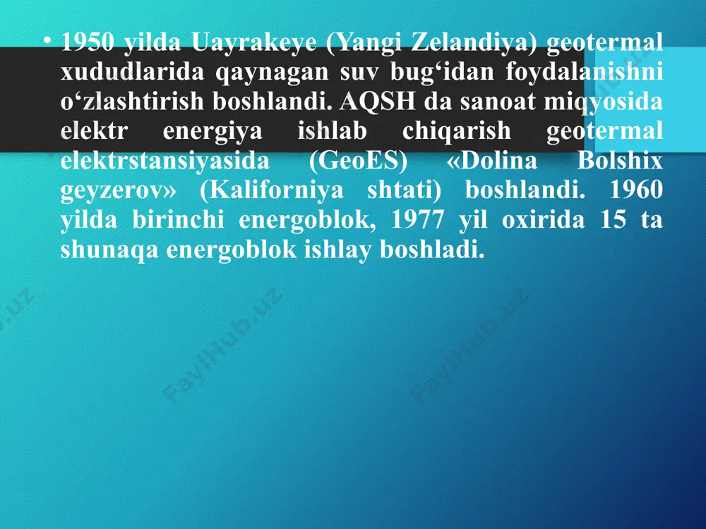 sh metadologiyasini quyidagi sabablar bilan tushuntirib berish mumkin: geotermal energiya yer yuzasidan bug’ va issiq suvni ishlatish yo’li bilan olinadi. bu bug’ va suv gidrotermal energiya sifatida tanilgan. geotermal energiya cheksiz energiya manbai xisoblanadi. yer yadrosidagi issiqlik doimo saqlanib turadi. sayyoramizning yadrosidagi issiqlik u mavjud ekan saqlanib turadi, bu esa geotermal energiya butunlay qayta tiklanishidan darak beradi. geotermal energiya yordamida ishlovchi elektr stansiyalarning uch asosiy turi mavjud: quruq bug’ kuchi, bugli suv va qo’shaloq. bunda stansiya minoralari atrof – muhitga minimal ta’sir bilan maksimal ish bajaradi. xar bir maqbara elektr energiya ishlab chiqargan xolda, atmosferaga tonnalab zararli gazlar chiqarilishining oldini oladi. geotermal energiya manbalaridan bir necha yuz yillar davomida italiya fermerlari undan qish mavsumi uchun suv isitishda ishlatishgan. geotermal energiya ham issiqxonalarni isitish, ham namlikni ushlab turish uchun ishlatilgan. aqshda bir asrdan ko’proq vaqt davomida geotermal energiya yordamida uylar, ochiq hovuz va tijorat binolari isitila boshlangan. baladiyada esa trotuarlar va …