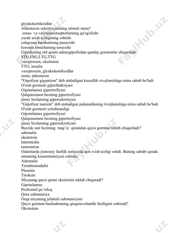 y faollik natijasida qon ivish tezligi oshdi. buning sababi qonda nimaning konsentratsiyasi oshishi: adrenalin trombomodulin plazmin tiroksin miyaning qaysi qismi oksitotsin ishlab chiqaradi? gipotalamus prefrontal po’stloq qora substansiya orqa miyaning jelatinli substansiyasi qaysi gormon bachadonning qisqaruvchanlik faolligini oshiradi? oksitotsin aldosteron kalsitonin melanotropin neyrogipofiz gipofizni qaysi qismi hisoblanadi? gipofizni orqa bo`lagi gipofizni oldingi bo`lagi gipofizni o`rta bo`lagi umumiy gipofiz qaysi gormonlar kapillyar tomirlar va serroz membranalar o'tkazuvchanligini oshirish orqali yallig'lanish jarayonlarining rivojlanishiga aks tasir etadi? glyukokortikoidlar mineralokortikoidlar. trop gormonlar liberin gormonlari to'satdan asabiy yuklanish (masalan, qo'rquv) vaqtida qaysi gormon ko'p miqdorda ajralib chiqadi va g'oz terisi yoki tuklarning ko'tarilishiga olib kelishi mumkin? adrenalin. aldosteron kalsitonin melanotropin kontrisulyar gormon -bu ? insulinga qarshi insulinni stimullovchi adrenalinga qarshi to`ri javob yo`q oshqozon osti bezining endokrin qismi qaysi gormonlarni ishlab chiqarmaydi? somatostatin va aldosteron. insulin va glyukagon triyodotironin va tiroksin aldosteron va paratiroid gormon qalqonsimon bez quyidagi gormonlar sintezida ishtirok etmaydi?: tiroksin, triiodotironin, oksitosin …
