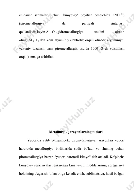 iy) xloridlarga aylantira oladi. turli metallar xloridlarining qaynash haroratining keng diapazonidan foydalangan holda - 60 dan 2000 0 s gacha, rangli metall xloridlarini temir va gangdan ajratish, shuningdek, sun'iy yo'ldosh metallarni tanlab ajratish mumkin (rektifikatsiya usuli). ba'zi metallarni (uran, berilliy) ishlab chiqarish texnologiyalarida ftorli qovurish qo'llaniladi , ko'p jihatdan xlorlash kabi. ftorli qovurishning maqsadi metall oksidlarini ftoridlarga aylantirishdir. masalan: uo 2 + 4 hf \ u003d uf 4 + 2 h 2 o 500-700 0 s da. aglomeratsiyani yoqish - bu kukunli materialni bo'laklarga aylantirish jarayoni. ushbu jarayon ma'lum miqdordagi suyuqlik fazasini hosil qilmasdan materialning qayta kristallanishi tufayli amalga oshiriladi, ular qattiqlashganda kukun zarralarini bo'lak mahsulotga bog'laydi (yopishadi): 2pbs + 3o 2 + sio 2 = pbo + pbs sio 2 + 2so 2 t \u003d 800-950 0 s da . pbs sio 2 - erituvchi komponent hisoblanadi. bu jarayon shaftli pechlarda rudani eritishdan oldin qo'llaniladi. metallurgik eritish. ushbu jarayonlarda …