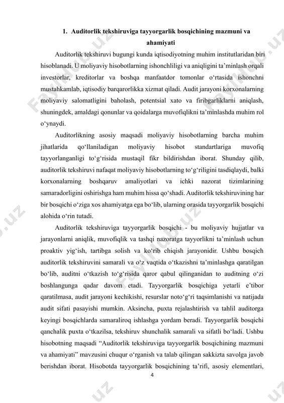 ig‘ish, tartibga solish va ko‘rib chiqish jarayonidir. bu bosqich auditorlik tekshiruvini samarali va o‘z vaqtida o‘tkazishni ta’minlashga qaratilgan hamda auditni o‘tkazish to‘g‘risida qaror qabul qilinganidan to auditning o‘zi boshlangunga qadar davom etadi. tayyorgarlik bosqichi nafaqat hujjatlarni yig‘ishni, balki auditning maqsadini, ko‘lamini va strategiyasini aniqlashni ham o‘z ichiga oladi. tayyorgarlik bosqichining muvaffaqiyatli o‘tishi uchun bir qator asosiy elementlar mavjud: auditorlik tekshiruvini rejalashtirish: bu bosqichning asosiy maqsadi auditorlik tekshiruvini samarali va o‘z vaqtida o‘tkazishni ta’minlashdan iborat. rejalashtirish jarayoni auditning maqsad va vazifalarini aniqlash, auditorlik tekshiruvining ko‘lamini belgilash, uni o‘tkazish uchun zarur bo‘lgan resurslarni aniqlash, auditorlik tekshiruvining umumiy rejasini ishlab chiqish hamda auditorlik tekshiruvining dasturini ishlab chiqish kabi vazifalarni o‘z ichiga oladi. auditning umumiy rejasida tekshiruvning maqsadi, ko‘lami, vaqti, resurslari va boshqa muhim jihatlari belgilanadi. rejalashtirish auditorlik tekshiruvining barcha keyingi bosqichlari uchun yo‘nalish beradi va uning muvaffaqiyatini ta’minlashda hal qiluvchi ahamiyatga ega. tekshiriladigan korxona faoliyatini o‘rganish: auditor tekshiruvni boshlashdan oldin tekshiriladigan korxonaning faoliyati, …