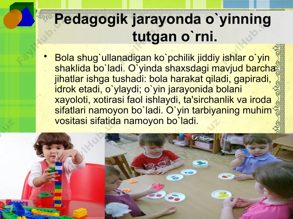 a fazilatlarini shakl­lantirishda ham zarurdir. binobarin, katta yoshdagi odamlar rolini tanlab, uni bajarish bolaning hissiy-tuygularini qo`zg`atuvchilar bilan uzviy bog`lik holda namoyon bo’ladi. chunki o`yin davomida bolada har xil hohish va istaklar tug`ila boradi, bular boshqa narsalarning tashki alomatlari o’ziga rom etishi sababli hamda bolaning ixtiyoridan tashqari, tеngdoshlarining ta'siri ostida tugiladi. 10 image2.jpeg image3.jpeg image4.jpeg image5.jpeg image6.jpeg image7.jpeg image8.jpeg image9.jpeg image10.jpeg image11.jpeg image12.jpeg image13.jpeg image14.jpeg image15.jpeg image16.jpeg image1.jpeg