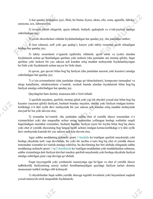 shaxslarga soliq solish va ularga nisbatan javobgarlik choralarini qo‘llash maqsadida yakka tartibdagi tadbirkor sifatida qaraladi. yuridik shaxslar va ularning alohida bo‘linmalari quyidagilar yuridik shaxslardir: 1) o‘zbekiston respublikasining qonunchiligiga muvofiq tashkil etilgan yuridik shaxslar (o‘zbekiston respublikasining yuridik shaxslari); 2) chet davlatlarning qonunchiligiga muvofiq tashkil etilgan, fuqarolik huquqiy layoqatiga ega bo‘lgan chet el yuridik shaxslari (shu jumladan kompaniyalar va boshqa korporativ tuzilmalar); 3) xalqaro tashkilotlar. yuridik shaxsning hududiy jihatdan alohida bo‘lgan, turgan eri bo‘yicha doimiy ish joylari jihozlangan har qanday bo‘linmasi o‘zbekiston respublikasi yuridik shaxsining alohida bo‘linmasidir. yuridik shaxsning alohida bo‘linmasini e’tirof etish, unga qanday vakolatlar berilganligidan va uning tashkil etilishi bo‘yicha yuridik shaxsning ta’sis hujjatlarida yoki boshqa tashkiliy-boshqaruv hujjatlarida aks ettirilganligi yoki aks ettirilmaganligidan qat’i nazar, amalga oshiriladi. agar ish joyi bir oydan ortiq muddatga yaratilgan bo‘lsa, u doimiy hisoblanadi. o‘zbekiston respublikasi yuridik shaxsi alohida bo‘linmasining joylashgan eri ushbu yuridik shaxs mazkur alohida bo‘linma orqali faoliyat olib boradigan joydir. doimiy muassasa …