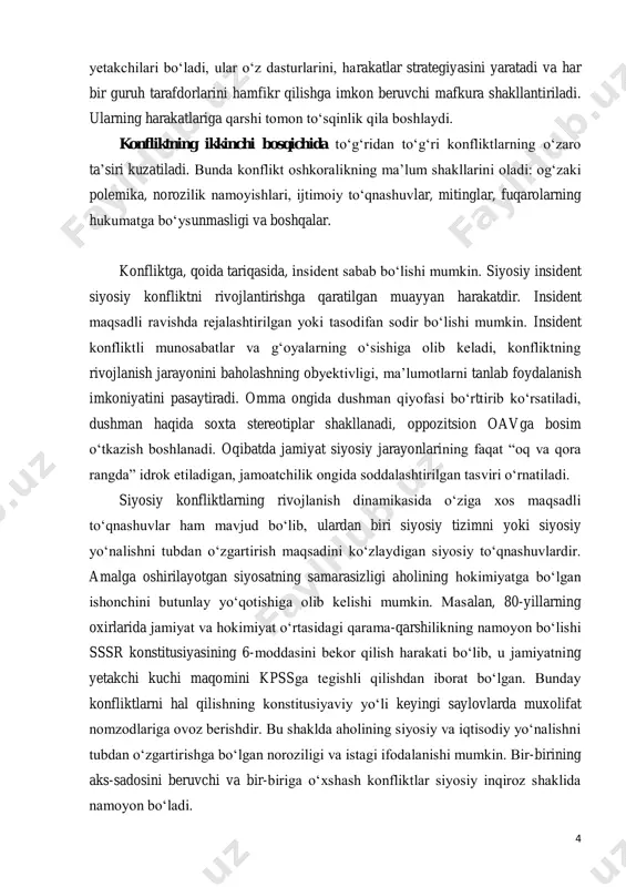 ning hukumatga bo‘ysunmasligi va boshqalar. konfliktga, qoida tariqasida, insident sabab bo‘lishi mumkin. siyosiy insident siyosiy konfliktni rivojlantirishga qaratilgan muayyan harakatdir. insident maqsadli ravishda rejalashtirilgan yoki tasodifan sodir bo‘lishi mumkin. insident konfliktli munosabatlar va g‘oyalarning o‘sishiga olib keladi, konfliktning rivojlanish jarayonini baholashning obyektivligi, ma’lumotlarni tanlab foydalanish imkoniyatini pasaytiradi. omma ongida dushman qiyofasi bo‘rttirib ko‘rsatiladi, dushman haqida soxta stereotiplar shakllanadi, oppozitsion oavga bosim o‘tkazish boshlanadi. oqibatda jamiyat siyosiy jarayonlarining faqat “oq va qora rangda” idrok etiladigan, jamoatchilik ongida soddalashtirilgan tasviri o‘rnatiladi. siyosiy konfliktlarning rivojlanish dinamikasida o‘ziga xos maqsadli to‘qnashuvlar ham mavjud bo‘lib, ulardan biri siyosiy tizimni yoki siyosiy yo‘nalishni tubdan o‘zgartirish maqsadini ko‘zlaydigan siyosiy to‘qnashuvlardir. amalga oshirilayotgan siyosatning samarasizligi aholining hokimiyatga bo‘lgan ishonchini butunlay yo‘qotishiga olib kelishi mumkin. masalan, 80-yillarning oxirlarida jamiyat va hokimiyat o‘rtasidagi qarama-qarshilikning namoyon bo‘lishi sssr konstitusiyasining 6-moddasini bekor qilish harakati bo‘lib, u jamiyatning yetakchi kuchi maqomini kpssga tegishli qilishdan iborat bo‘lgan. bunday konfliktlarni hal qilishning konstitusiyaviy yo‘li keyingi …