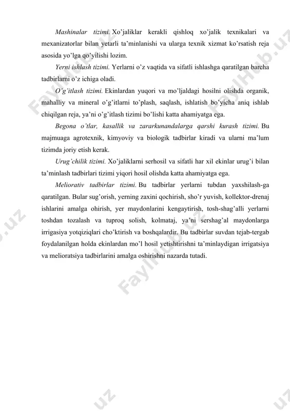 k. t.: mehnat. 1990. 4.zaurov e.i. dehqonchilikdan laboratoriya ishlari va amaliy mashg’u-lotlar t:. «o’qituvchi»,1979 . 5. tursunxujaev z., bolkunov a. nauchniyi osnovi xlopkovix sevooborotov. t.: mehnat, 1987. 6.h.sheraliev. m.shodmanov dehqonchilik. ma’ruzalar matni t.:2004 7. astanov r., shodmanov m., madraimova s. sistema zemleldeliya .tekst leksiy. t.: 2004. 8. o’zbekiston respublikasining "suvdan foydalanish to’g’risida"gi qonuni, t.1993. 9. u.norqulov, x.sheraliev «qishloq xo’jaligi melioratsiyasi» t.2003.