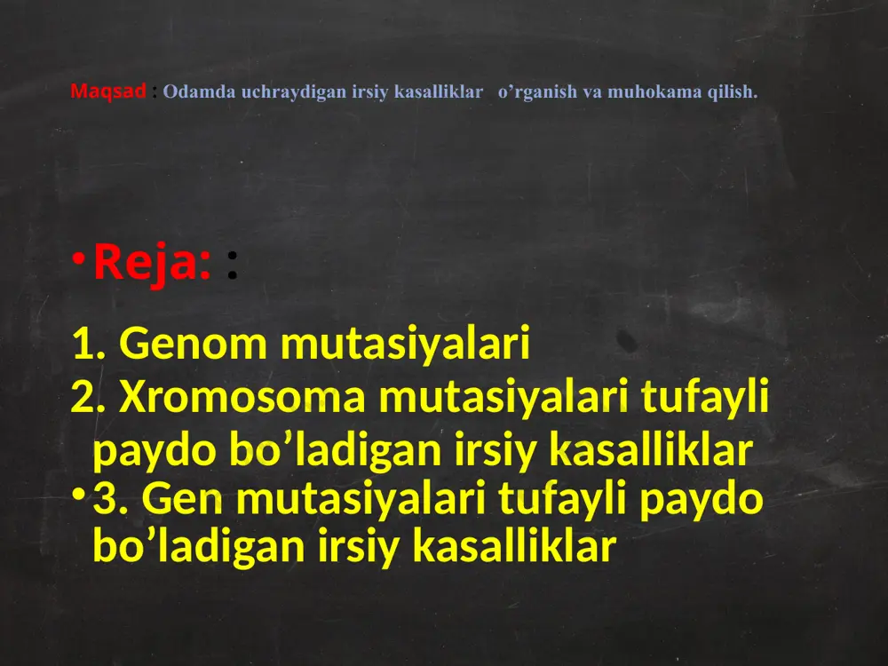 8- jift xromosomalarning bittaga o’shishi) 12 gen mutasiyalari (dominant va retsessiv ) dnk molekulasining xohlagan bir qismining o’zgarishi. (dnk tarkibidagi nukleotidlarning: tushib qolishi, qo’shilishi, o’rin almashishi va xakozo) kasalliklar turiga qarab autosom-dominant,autosom-retsessiv va jinsiy х- yoki y- xromosomaga birikkan bo’ladi. 12 polidaktiliya-ko’p barmoqlilik (dominant xolda irsiylanadi) sindaktiliya-qo’l va oyoq barmoqlarining parda xosil qilib qo’shilishi (dominant xolda irsiylanadi) braxidaktiliya- kalta barmoqlilik ( dominant) mikrosefaliya- kalla yuz qismining katta, bosh qisming esa kichik bo’lishi,aqli zaif bo’ladi(dominant xolda irsiylanadi) 17 dal’tonizm( rang ajrata olmaslik) dal’toniklar dixromatik (qizil rangni ajrata olmaydi - protanipik, yashil rang – deyteranipik yoki siyoh rang - tritanopik) va monoxromatik (oq va qora rang). 1. normada ko’rish 2. protanipik 3. deyteranipik 4. tritanopik (retsessiv xolda irsiylanadi) 17 18 gemofiliya (retsessiv xolda irsiylanadi) qon ivuvchanligining keskin susayib qo’lishi. 18 19 al’binizm (retsessiv xolda irsiylanadi) organizmda melanin pigmentining tugma bo’lmasligi . 19 20 fenilketoniriya (retsessiv xolda irsiylanadi) aminokislatalar almashinuvining buzilishi. asosan fenilalaninning …