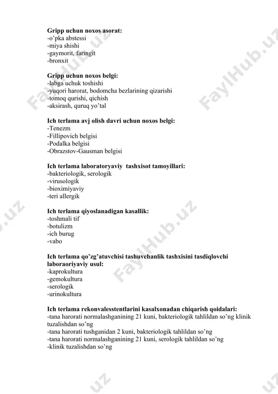 va teri epidermisi hujayrasida -o’pka -jigar -yurak ko’k yo’tal tashxislashda asosiy usullar: -bakteriologik, serologik -biologik -bioximiyaviy -kultural ko’k yo’tal uchun xos bo’lgan asorat: -bronxopnevmoniya -enstefalit -gepatit -uoterxaus-frideriksen sindromi ko’k yo’tal uchun xos bo’lmagan belgilar: -tanada toshma toshishi -til tagidagi yaracha -qusish va balg’am tashlash -xurujli spazmati yo’tal ko’k yo’talda kasallikning boshlanishi -o’tkir -asta-sekin -yashinsimon -bilinar-bilinmas ko’k yo’talga xos belgilar: -xurujsimonspazmatik yo’tal -tanada toshmalar -limfa tugunlarining kattalashuvi -balg’amli yo’tal kuydirgi karbunkuli uchun noxos belgi -kuchli og’riq -yara tubida qora ko’tir -atrof to’qima shishi -stefanskiy belgisi kuydirgi karbunkuli uchun xarakterli? -yuqorida aytilganlarning hammasi -qora og’riqsiz qo’tir -atrof to’qimalarning og’riqsiz shishi -qiz pufakchalari paydo bo’lishi kuydirgi karbunkulining eng ko’p uchraydigan organlari: -yuz, bo’yin, qo’llarda -jigar va taloq -hamma parenximatoz organlarda -badanning yopik joylarida kuydirgi profilaktikasi chora tadbirlariga kirmaydigan omil: -bakteriofag qo’llash -kasal xayvonlarni aniqlash -emlash -san-okartuv ishlari kuydirgi teri shaklida laboratoriyaviy tashxisot maqsadida olinmaydigan material: -o’t suyuqligi -yara saqlanmasi -balg’am, qusuq ajratmasi -qon …