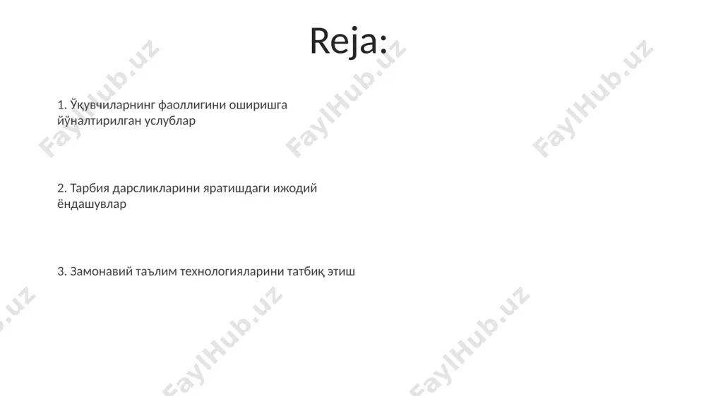 н. замонавий технологияларни интеграциялаш замонавий технологиялар, хусусан, интерактив доскалар ва 3d моделирование дастурларини 5-синф ўқувчилари учун “таълим” мавзусидаги дарсларга интеграциялаш орқали ўқитишнинг самарадорлигини 20% га ошириш мумкин. ўзбекистондаги 10 та мактабда ўтказилган тажриба кўрсатдики, виртуал реаллик технологияларини “ахлоқ” дарсларига қўшиш билан ўқувчиларининг фаол иштироки 35% га ошган ва самарқанддаги натижалар энг яхши кўрсаткичларга эга бўлган. ўйинли методлар ва симуляциялар симуляциялар, мисол учун, “тошкентдаги йирик корхона бошқаруви” симуляциясида, талабалар 5 та бўлимни бошқариб, 50 млн сўм бюджет билан ишлаб, фойдани максимумга оширишга ҳаракат қилишлари мумкин. ўйинли методлар, масалан, “самарқанд шаҳридаги саёҳат” сингари рол ўйнаш ўйинлари орқали 10-15 та талабадан иборат гуруҳларга 3 та турли вазифа бериш, ҳар бир вазифани бажариш учун 20 дақиқа вақт ажратиш самарали бўлади. ижодий ёндашувнинг асослари ижодий ёндашувнинг асослари 5-синф ўқувчилари учун 2023 йилда тошкентда яратилган янги услубдаги дарсликда кўпгина интерактив элементлар ва 10 дан ортиқ амалий топшириқларни ўз ичига олади. ўзбекистоннинг турли минтақаларидаги, хусусан самарқанд ва …