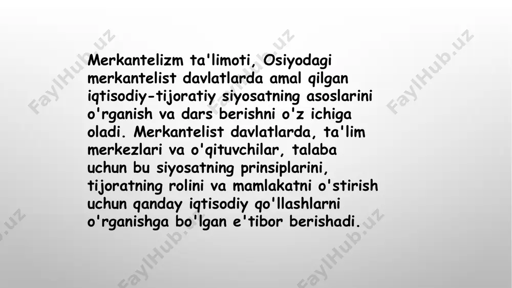 ing asosiy nazariy poydevorini tashkil etadi va hozirgi zamon iqtisodiy siyosatlarida keng qo‘llaniladi. keynsiyanchilik iqtisodiy ta'limoti 20-asr boshlarida britaniyalik iqtisodchi jon meynard keyns tomonidan rivojlantirildi. bu ta'limot klassik iqtisodiy maktabning kamchiliklariga javoban paydo bo'ldi va uning asosiy maqsadi iqtisodiy inqiroz va tanazzullarni oldini olish edi. 1930-yillardagi buyuk depressiya sharoitida keyns o‘zining "ish bilan ta’minlash, foiz va pulning umumiy nazariyasi" (1936) asarida davlatning iqtisodiyotga faol aralashuvi zarurligini ta'kidlagan. adam smit (1723–1790) klassik iqtisodiy maktabning asoschisi va kapitalizmning nazariy asoslarini yaratgan ingliz iqtisodchisi hisoblanadi. uning "xalqlar boyligi tabiati va sabablari haqida tadqiqot" (1776) asari iqtisodiyot nazariyasining muhim asarlaridan biri bo‘lib, uning g‘oyalari hozirgi zamon iqtisodiyotiga katta ta’sir ko‘rsatgan. adam smit ta'limotining asosiy g‘oyalaridan biri. 1. ko‘rinmas qo‘l nazariyasi ko‘rinmas qo‘l: adam smitning mashhur "ko‘rinmas qo‘l" konsepsiyasiga ko‘ra, insonlar o‘z shaxsiy manfaatlarini ko‘zlab ish olib borishsa, bu jamiyat uchun foydali bo‘ladi adam smitning “ko‘rinmas qo‘l” nazariyasi uning 1776-yilda nashr etilgan mashhur asari, xalqlar …
