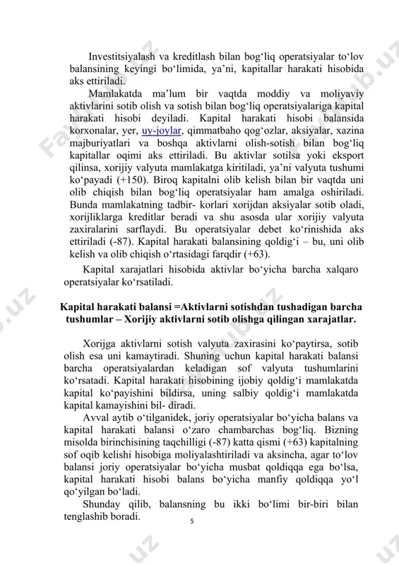 solda birinchisining taqchilligi (-87) katta qismi (+63) kapitalning sof oqib kelishi hisobiga moliyalashtiriladi va aksincha, agar to‘lov balansi joriy operatsiyalar bo‘yicha musbat qoldiqqa ega bo‘lsa, kapital harakati hisobi balans bo‘yicha manfiy qoldiqqa yo‘l qo‘yilgan bo‘ladi. shunday qilib, balansning bu ikki bo‘limi bir-biri bilan tenglashib boradi. to‘lov balansi qoldig‘i= joriy operatsiyalar + kapital harakati balansi biroq, amalda to‘lov balansining bu qismida ham ko‘pincha kamomad yoki ortiqchalik yuzaga keladi. barcha mamlakatlarning markaziy banklari rasmiy zaxiralar deb ataluvchi xorijiy valyuta zaxi- ralariga ega bo‘lib, bu zaxiralar joriy operatsiyalar bo‘yicha balans va kapital harakati bo‘yicha balans nomutanosibligini bartaraf etishda qo‘llaniladi. bizning misolda bu nomutanosiblik yoki qoldiq (-24)ni tashkil etadi va rasmiy zaxiralardan tushumlar hisobiga tartibga soli- nadi. rasmiy zaxiralarning qisqarishi (+) kamomad miqdorini ifoda- laydi, rasmiy zaxiralarning o‘sishi (-) esa to‘lov balansining musbat qoldig‘i miqdorini ko‘rsatadi. natijada uning barcha uch bo‘limi summasi «0»ni tashkil etishi lozim. bu esa xorijiy valyuta taklifini va unga mamlakatda …