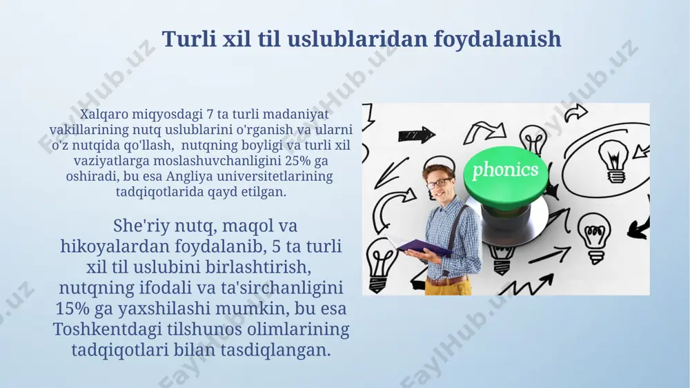 agi 10 ta audio mashqlar to'plamini muntazam ravishda bajarish orqali, buyuk britaniya ingliz tili ohangini va ritmini takrorlash orqali nutqni boyitish mumkin. so'z boyligini kengaytirish va lug'atni boyitish har kuni kamida 10 ta yangi so'z o'rganish va ularni kundalik hayotda, masalan, toshkentdagi suhbatlarda 3-4 marta qo'llash orqali tezroq yod olish mumkin. so'z boyligini boyitishda 5000 dan ortiq so'zlarni o'z ichiga olgan lug'atlar, masalan, "o'zbek tili lug'ati" va ingliz tili lug'ati "oxford advanced learner's dictionary" dan foydalanish samarali natijalar beradi. monologik nutqni yaxshilash monologik nutqni yaxshilash uchun 5-10 minut davom etadigan muntazam mashqlarni, masalan, ma’lum bir mavzu bo'yicha fikrlaringizni baland ovozda bayon qilishni, toshkentdagi kutubxonada yoki tinch joyda amalga oshirish tavsiya etiladi. monologingizni 15-20 marta takrorlab, har safar xatolar ustida ishlash orqali, ijodiy yozuvchilarning asarlari, masalan, oybekning hikoyalaridan namunalar olib, so'z boyligingizni kengaytirishingiz va nutqingizni boyitishingiz mumkin. tinglash va taqlid qilish orqali ko'nikmalarni oshirish to'g'ri talaffuzni shakllantirishda 2-3 marta tinglash va …