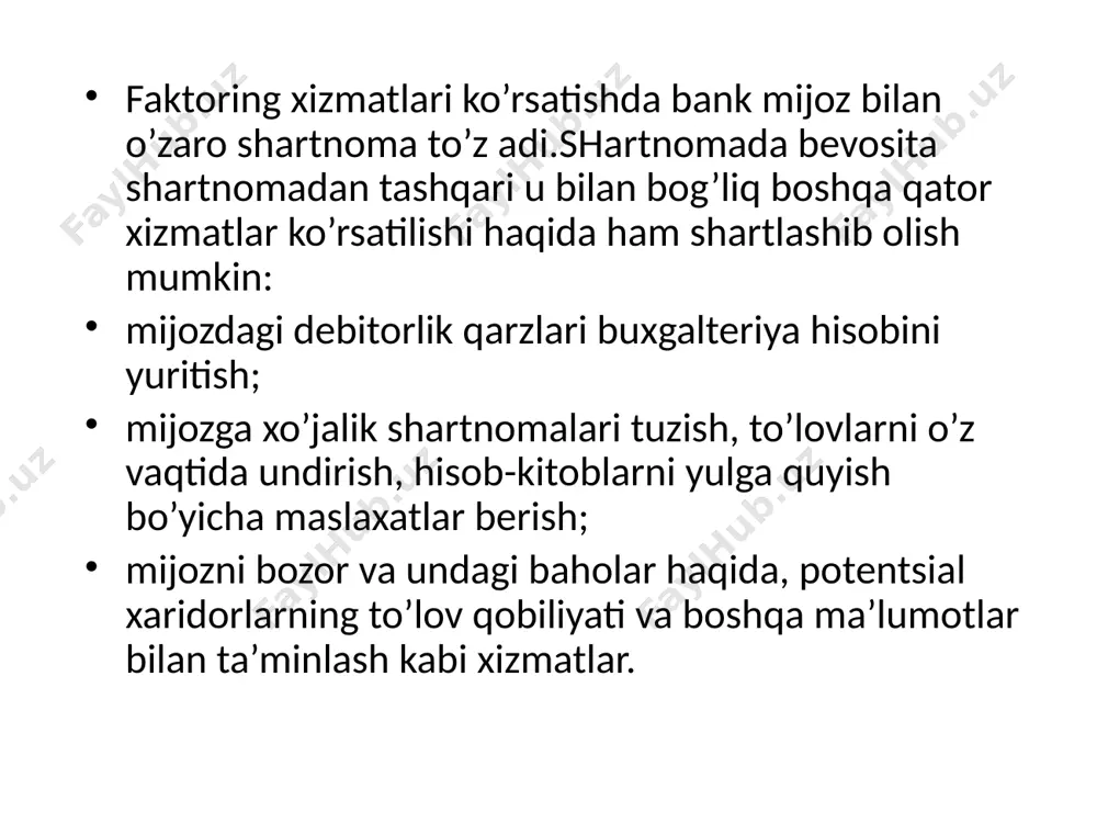 uchun sarflangan resurslar qiymati; lizing uchun marja, ya’ni lizing beruvchining xizmat haqi; lizing beruvchining xavfini hisobga olgan tavakkalchilik mukofoti. qo’shilgan qiymat solig’i. lizing to’lovini aniqlash formulasi quyida keltirilgan: lt= aa +kr + m+ tm+qqs bunda - aa – amortizatsiya ajratmasi. kr - yillik foiz to’lov. m- lizing beruvchining marjasi. tm- tavakkalchilik mukofoti. qqs – qo’shilgan qiymat solig’i. lizing oluvchi lizing shartnomasini tuzish uchun uning asosiy depozit hisobvarag’iga xizmat ko’rsatayotgan bankka quyidagi hujjat lizing buyurtmasi; lizing ob’ektining texnik-iqtisodiy ko’rsatkichlari va uning sotuvchisi to’g’risidagi ma’lumotnoma; lizingning butun davrini ichiga olgan pul oqimi tahlili ko’rsatilgan biznes-reja; oxirgi hisobot sanasiga tuman (shahar) davlat soliq inspektsiyasi tomonidan qabul qilingan buxgalterlik balansi (1-shakl), moliyaviy natijalari haqida hisobot (2-shakl), muddati o’tgan debitorlik va kreditorlik qarzdorlik haqidagi ma’lumotnoma (2a-shakl), 90 kundan ortiq muddatdagi qarzdorlikni solishtirish dalolatnomalari. larni taqdim etadi. /docprops/thumbnail.jpeg