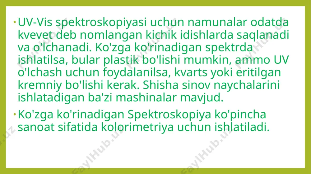 zichligini mos yozuvlar birikmasidan o'tadigan bilan taqqoslaydi. masalan, agar aralashma etanolda eritilgan bo'lsa, ma'lumot etanol bo'ladi. natijada ular orasidagi farqning yutilish darajasi sifatida ko'rsatiladi. bu namuna aralashmasining so'rilishini anglatadi. ushbu assimilyatsiyaning sababi shundaki, ultrabinafsha va ko'rinadigan yorug'lik kimyoviy moddalarni ko'proq energiya sathiga qo'zg'atish uchun etarli energiyaga ega. ushbu qo'zg'alish yuqori to'lqin uzunligiga olib keladi, bu absorbtsiya to'lqin uzunligiga nisbatan chizilganida ko'rinadi. turli xil molekulalar yoki noorganik birikmalar turli xil to'lqin uzunliklarida energiya oladi. ko'rinadigan diapazonda maksimal assimilyatsiya bo'lganlar, inson ko'zlari tomonidan rang sifatida ko'riladi murakkab eritmalar aniq bo'lishi mumkin, ammo ub diapazonida so'riladi. bunday aralashmalar odatda er-xotin rishtalar yoki aromatik halqalarga ega. ba'zida to'lqin uzunligiga nisbatan so'rilish darajasi aniqlanganda bir yoki bir nechta aniqlanadigan cho'qqilar mavjud. agar shunday bo'lsa, bu uchastkaning shaklini ma'lum ma'lumot uchun berilgan uchastkalarga taqqoslab, ba'zi birikmalarni aniqlashga yordam beradi. ikkita turdagi uv-vis spektrofotometr mashinalari mavjud, bitta nurli va ikki nurli. bular mos yozuvlar va sinov namunalari …