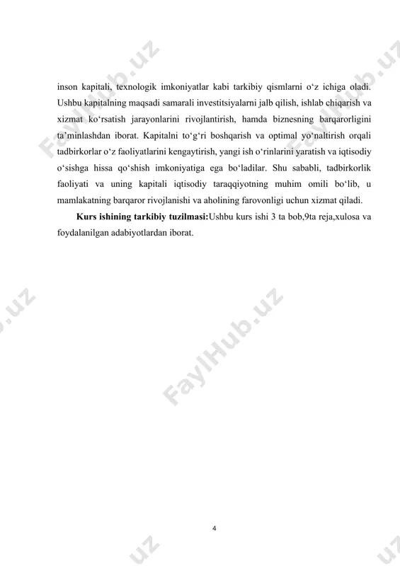 llarga asoslanadi.[footnoteref:1] ushbu tushunchalar va tamoyillar tadbirkorlik faoliyatining samaradorligini belgilaydi va uning muvaffaqiyatli amalga oshirishiga xizmat qiladi. [1: abdullayev, s. (2021). tadbirkorlik faoliyatini boshqarish: nazariy va amaliy jihatlari. tashkent: o‘zbekiston respublikasi oliy ta'lim vazirligi. ] tadbirkorlik faoliyatining asosiy tushunchalaridan biri tadbirkorlikdir. tadbirkor, o‘z g‘oyalarini amalga oshirish, yangi mahsulot yoki xizmatlarni yaratish va bozor talablariga javob berish uchun xavfni o‘z zimmasiga oladigan shaxsdir. tadbirkorlar o‘z faoliyatlarini amalga oshirishda innovatsion yondashuvni qo‘llaydilar, bu esa iqtisodiy o‘sishni rag‘batlantiradi. tadbirkorlik faoliyati ko‘pincha yangi g‘oyalar, texnologiyalar va ishlab chiqarish jarayonlarini o‘z ichiga oladi, bu esa iqtisodiy rivojlanishni ta'minlashda muhim ahamiyatga ega. tadbirkorlik faoliyatining yana bir muhim tushunchasi — innovatsiya. innovatsiya, yangi mahsulotlar, xizmatlar yoki jarayonlarning yaratilishi va joriy etilishi demakdir. innovatsiyalar, tadbirkorlik faoliyatining asosiy harakatlantiruvchi kuchi sifatida, bozorda raqobatbardoshlikni oshiradi va yangi imkoniyatlarni yaratadi. tadbirkorlar innovatsion yondashuv orqali yangi mahsulotlarni ishlab chiqadilar, bu esa iste'molchilarning ehtiyojlarini qondirishda va bozor talabiga javob berishda muhim rol o‘ynaydi. …