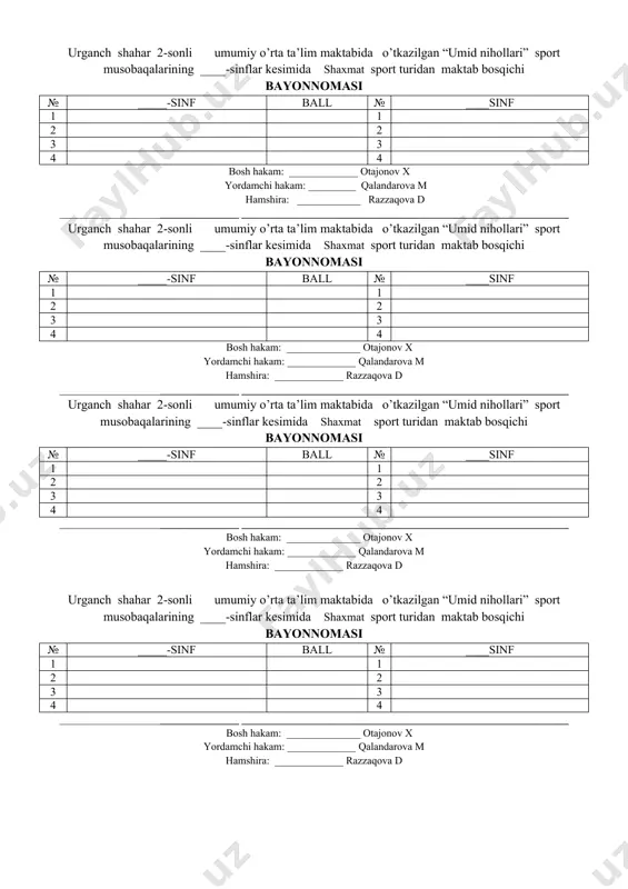 __________ urganch shahar 2-sonli umumiy o’rta ta’lim maktabida o’tkazilgan “umid nihollari” sport musobaqalarining ____-sinflar kesimida shaxmat sport turidan maktab bosqichi bayonnomasi № _____-sinf ball № ____sinf 1 1 2 2 3 3 4 4 __________________________________ ______________________________________________________________ bosh hakam: ______________ otajonov x yordamchi hakam: _____________ qalandarova m hamshira: _____________ razzaqova d urganch shahar 2-sonli umumiy o’rta ta’lim maktabida o’tkazilgan “umid nihollari” sport musobaqalarining ____-sinflar kesimida shaxmat sport turidan maktab bosqichi bayonnomasi № _____-sinf ball № ____sinf 1 1 2 2 3 3 4 4 __________________________________ ______________________________________________________________ bosh hakam: ______________ otajonov x yordamchi hakam: _____________ qalandarova m hamshira: _____________ razzaqova d urganch shahar 2-sonli umumiy o’rta ta’lim maktabida o’tkazilgan “umid nihollari” sport musobaqalarining ____-sinflar kesimida shaxmat sport turidan maktab bosqichi uchun hisobot 2-son maktabda _____-sinflar o’rtasida “ shaxmat ” sport turi bo’yicha musobaqalar o’rkazildi. bunda _______-sinf o’quvchilari faol qatnashdilar.musobaqaga otajonov x va qalandarova m hakamlik qildilar. umumjamoa xisobida o’g’il bolalar qizlar 1-o’rinni- …
