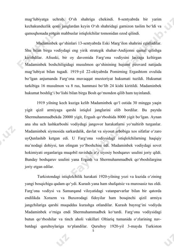 rahnamolari ham yetarli darajada mavjud bo‘lib, ular asosan jadid munavvarlari va islom ulamolari edi. shuni alohida ta’kidlash kerakki, istiqlolchilik harakatiga g‘oyaviy rahnamolik qilish borasida jadidlar bilan ulamolar o‘rtasida o‘zaro raqobat mavjud edi. namanganlik nosirxon to‘ra said kamolxon to‘ra o‘g‘li, toshkentlik muftiy sadriddinxon maxsum sharifxo‘ja qozi o‘g‘li, turkiston mikning sobiq o‘rinbosari to‘raqul jonuzoqov, asli boshqirdistonlik ahmad zakiy validiy to‘g‘on va boshqalar istiqlolchilik harakatining g‘oyaviy mafkurachilari edilar. harakatga rahbarlik qilgan islom ulamolari orasida yassaviylik va naqshbandiylik tariqatlarining pirlari ko‘p bo‘lgan. 1920-1924-yillarda istiqlolchilik harakati buxoro va xorazm respublikalarida ham avj oldi. buxoro xalq respublikasidagi harakatning turkistondagi istiqlolchilik harakatidan farq qiladigan asosiy tomoni shundan iboratki, vatanparvarlar buxoroda ikki jabhada turib kurash olib borishlariga to‘g‘ri keldi. bir tomondan, amirlik tuzumi tarafdorlari bo‘lgan mujohidlar, jadidlardan iborat. buxoro hukumatiga va shuningdek, qizil armiya qo‘shinlariga qarshi kurash olib bordilar (ibrohimbek, mulla abdulqahhor va b.). ikkinchi tomondan, milliy istiqlol g‘oyalariga sodiq bo‘lgan buxorolik vatanparvarlar fayzulla xo‘jayev boshliq buxoro xalq …