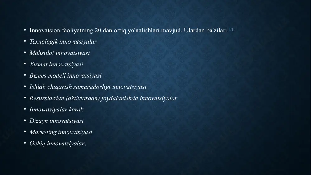 oya paydo bo’lganidan torib to bozorda sotiladigan mahsulot yoki xizmatni ishlab chiqarish amalga oshirilgunga qadar bo’lgan o’zaro bog’liq bosqichlar murakkab zanjirini ifodalaydi. umumiy jihatdan innovatsion jarayon bu – voqea-hodisalarning ketmaketlikdagi zanjiri bo’lib, uning davomida yangilik oddiy bir g’oyadan muayyan mahsulot, texnologiya yoki xizmatgacha “pishib yetadi” va xo’jalik amaliyotida tarqaladi. innovatsion jarayon biron-bir iqtisodiyot sub’ektining innovatsion faoliyatini, ya’ni yakunlangan ilmiy tadqiqotlar va ishlanmalar yoki boshqa fan-texnika yutuqlarining natijalarini bozorda sotiladigan yangi yoki takomillashtirilgan mahsulotga, amaliy faoliyatda foydalaniladigan yangi yoki takomillashtirilgan texnologik jarayonga, shuningdek, bu bilan bog’liq qo’shimcha tadqiqot va ishlanmalarga joriy qilishga yo’naltirilgan jarayondir innovatsion jarayonning boshlanishi tashabbus ko’rsatish (initsiatsiya) hisoblanadi. initsiatsiya bu – innovatsiya maqsadini tanlash, innovatsiya bajaradigan vazifani belgilash, innovatsiya g’oyasini izlab topish, uni texnik-iqtisodiy asoslab berish va g’oyani moddiy holatga keltirishdan iborat bo’lgan faoliyatdir innovatsiyani amalga oshirish natijalari va uni ilgari surish xarajatlari statistik qayta ishlanadi va tahlil qilinadi, buning asosida innovatsiyaning iqtisodiy samaradorligi hisoblab chiqiladi. innovatsion jarayon …