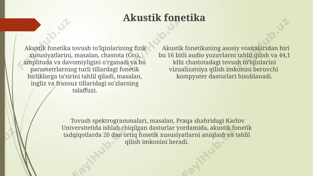 к функцияси муҳим аҳамиятга эга. товушларнинг таснифида 20 дан ортиқ тилшунослар томонидан таклиф этилган турли классификациялар мавжуд бўлиб, уларнинг аксарияти халқаро фонетика ассоциацияси (ipa) томонидан 1990 йилда қабул қилинган стандартларга асосланади. ўзбек тилидаги унлиларнинг таснифида 8 та унли фонема ажратилади, буларнинг 3 таси олд қатор, 2 таси орқа қатор ва 3 таси ўрта қатор унлилар ҳисобланади. буларнинг баланд-пастлиги, олдинги-орқагилиги каби параметрлари алоҳида таҳлил қилинади. artikulyatsion fonetika xalqaro fonetik alifbo (ipa)ning 400 ga yaqin belgilaridan foydalanib, artikulyatsion fonetika turli tillardagi tovushlarni aniq va tizimli ravishda tasvirlash imkonini beradi, jumladan, xitoy, ispan va arab tillaridagi jarangsiz tovushlarning farqini aniqlash mumkin. artikulyatsion fonetikaning asosiy vazifalaridan biri – 10 ga yaqin asosiy artikulyatsion xususiyatlarni (masalan, ovozlilik, shovqinlilik, tilning holati) aniqlash va ularni tilning anatomik tuzilishi bilan bog‘lashdan iborat. masalan, ingliz tilidagi "th" tovushi ko'plab til olimlarining e'tiborini tortgan. artikulyatsion fonetika tilning 28 ta mushaklarining harakatlari va ularning 5 ta asosiy tovush hosil qilish organlari …