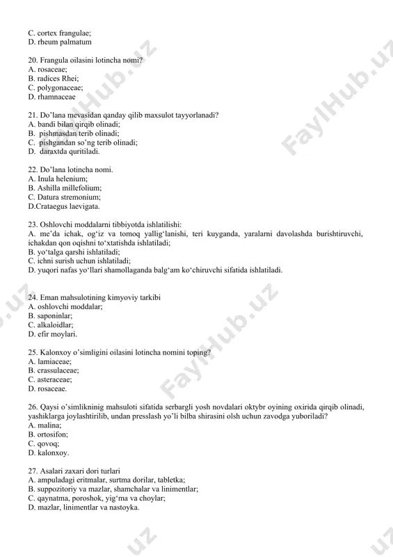 to’zg’uvchan moddalarga qaysi moddalar kiradi? a. rivanol, furatsilin; b. magniy oksidi, talk; c. kamfora, mentol; d. fenil salitsilat. 35. murakkab parashoklar bemorga asosan nima uchun beriladi? a. sepish uchun, eritmalar tay-sh; b. ichish uchun, har xil hashoratlarni yoqotish uchun; c. purkash uchun, eritmalar tay-sh; d. sepish, ichish, purkash, eritmalar tay-sh, har xil hashoratlarni yoqotish uchun. 36. nimaga qarab porashoklar dozaga bo’lingan va bo’linmagan bo’ladi? a. ishlatilishiga qarab; b. miqdoriga qarab; c. tarkibiga qarab; d. qattiqligiga ko’ra. 37. indifferent moddalarga qanday moddalar kiradi a. sut qandi; b. soda; c. magniy oksidi; d. oltingugurt. 38. murakkab poroshoklar tarkibiga ayrim hollarda nimalar kiritiladi? a. pastalar, moy, jelatina; b. bug` va aerozollar; c. medtisina qalamlari; d. ekstraktlar, nastoykalar va efir moylari. 39. besh santigrammda necha milligramm bor? a. 10 mg; b. 20 mg; c. 50 mg; d. 5 mg. 40. fenil salisilat qanday modda? a. uchuvchan modda; b. anorganik modda; c. suyuq modda; d. …