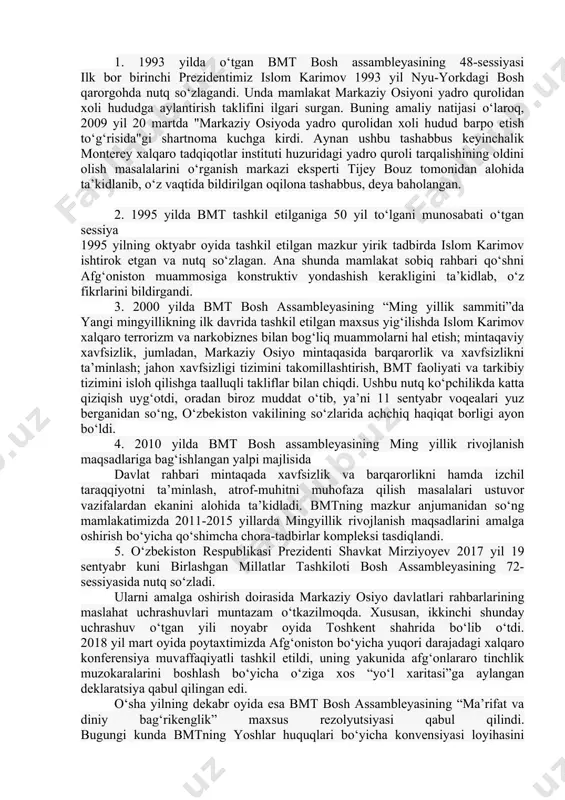 a iqtisodiy komissiyasi (yeek), savdo va rivojlanish bo‘yicha bmt konferensiyasi (yunktad), butunjahon intellektual mulk tashkiloti (vois), xalqaro mehnat tashkiloti (mot), butunjahon savdo tashkiloti (vto), bmtning atrof-muhit bo‘yicha dasturi (yunep), oits bilan kurashish bo‘yicha bmt dasturi, parlamentlararo ittifoq hamda boshqa tashkilotlar mavjud. 2015 yil boshidan buyon o‘zbekistonda fuqarolik jamiyati institutlarining rivojlanishi, nodavlat notijorat tashkilotlari faoliyatining tashkiliy-huquqiy asoslarini takomillashtirish bo‘yicha mamlakatimiz tajribasi, 2014 yilda o‘zbekistonning ijtimoiy-iqtisodiy rivojlanishi yakunlari va 2015 yilga mo‘ljallangan iqtisodiy dasturning eng muhim ustuvorliklari haqidagi axborot materiallari bmt bosh assambleyasi 69-sessiyasining rasmiy hujjati sifatida birlashgan millatlar tashkilotiga a’zo mamlakatlar o‘rtasida tarqatildi. shuningdek, mazkur axborot materiallari yevropada xavfsizlik va hamkorlik tashkilotining 57 ishtirokchi mamlakati, ushbu tashkilotning 11 hamkor davlati, yexht institutlari hamda dala missiyalari va mustaqil davlatlar hamdo‘stligi ijroiya qo‘mitasi hamda mdhga a’zo mamlakatlar o‘rtasida ham tarqatildi. yuqoridagilardan tashqari, bmtning nyu-york va jeneva shaharlaridagi, yexhtning venadagi, mdhning minskdagi qarorgohlarida o‘tkazilayotgan turli tadbirlar — brifing, taqdimot marosimlari va uchrashuvlar chog‘ida ham …