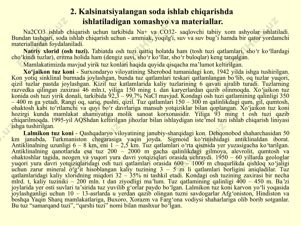 toshlar tagida, neogen va yuqori yura davri yotqiziqlari orasida uchraydi. 1950 – 60 yillarda geologlar yuqori yura davri yotqiziqlaridagi osh tuzi qatlamlari orasida 600 – 1000 m chuqurlikda qishloq xoʻjaligi uchun zarur mineral oʻgʻit hisoblangan kaliy tuzining 3 – 5 m li qatlamlari borligini aniqladilar. tuz qatlamlaridagi kaliy xloridning miqdori 32 – 35% ni tashkil etadi. kondagi osh tuzining zaxirasi bir necha mlrd. t, kaliy tuziniki – 200 mln. t dan ziyodligi maʼlum. tuz qatlamining qalinligi 400 – 450 m. baʼzi joylarida yer osti suvlari taʼsirida tuz yuvilib gʻorlar paydo boʻlgan. lalmikon tuz koni karvon yoʻli yoqasida joylashganligi uchun 10 – 13-asrlarda u yerdan qazib olingan tuzni savdogarlar afgʻoniston, hindiston va boshqa yaqin sharq mamlakatlariga, buxoro, xorazm va fargʻona vodiysi shaharlariga olib borib sotganlar. bu tuz “samarqand tuzi”, “qarshi tuzi” nomi bilan mashxur boʻlgan. tyubegatan tuz koni - qashqadaryo viloyatidagi kon. u lalmikon tuz koni bilan tutashgan. 1950-yilda ochilgan. konning …