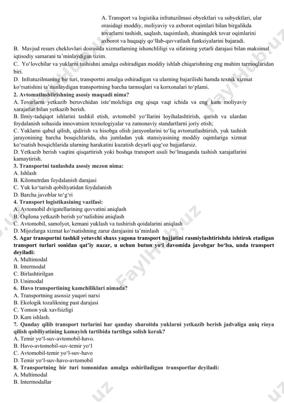 idagi asosiy yetkazib beruvchilar ushbu sohaning ulgurji sotuvchilari yoki to‘g‘ridan-to‘g‘ri tayyor mahsulotlar omborlaridan ishlab chiqarish korxonalari (shu jumladan "flagma"mchj). · yandeksgo transport-ekspeditsiya kompaniyasi avtomobil yuk tashishlarini amalga oshiradi va dispetcherlik xizmatini tashkil etadi. ushbu kompaniya parkida yuk ko‘tarish quvvati 1,5 dan 20 tonnagacha bo‘lgan tentlangan, izotermik va sovutgichli avtomobil texnikasi mavjud. · o‘z ehtiyojlari uchun bir martalik xaridni amalga oshiradigan yulka va qoplama plitalarining chakana iste’molchisi. vazifa: 1. "flagma" mchj logistika tizimining chegaralari qanday? 2. bozorda mavjud bo‘lgan sharoitda "flagma" mchj logistika tizimining qanday maqsadlari muhim ahamiyatga ega? 3. logistika tizimida qanday logistika muammolarini hal qilish mumkin? 1- keys. "logistikada moddiy oqimlar" hisobot davrida farg‘ona viloyatida qishloq xo‘jaligi mahsulotlarini sotish bilan shug‘ullanuvchi korxonaning sotish rentabelligi (yalpi foyda bo‘yicha) ko‘rsatkichi 7 foizni tashkil etdi. korxona iqtisodchisining hisob-kitoblariga ko‘ra, logistika xarajatlari operatsion xarajatlarning 24 foizini tashkil etdi. taklif etilgan maslahatchi tahlil natijasida xarajatlarni optimallashtirish sohasida imkoniyat mavjudligini aniqladi, buning natijasida logistika xarajatlari …