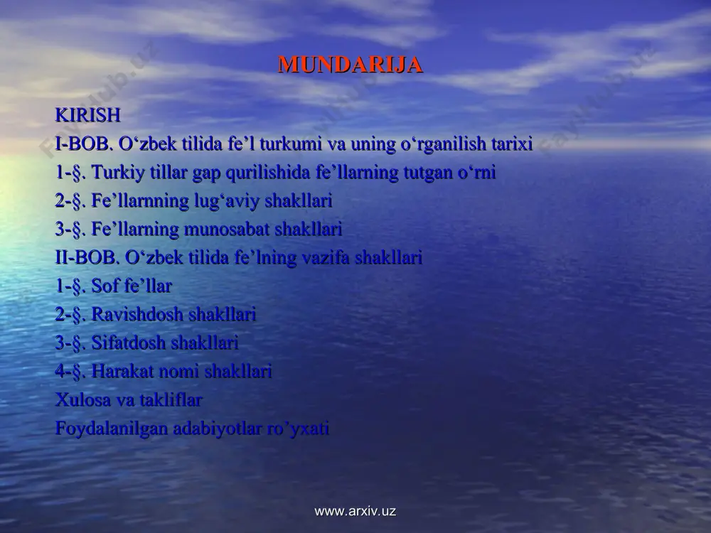 olayotgan magistr va aspirantlar, tadqiqotchilar, maktab, litsey, kollej o’qituvchilari ham ishdan unumli foydalanishlari mumkin. www.arxiv.uz www.arxiv.uz fe’lning vazifa shakllari www.arxiv.uz harakat nomi sifatdosh ravishdosh sof fe’l www.arxiv.uz www.arxiv.uz fe’lni kesim vazifasiga xoslovchi shakllar zamon shakli shaxs-son shakli mayl shakli tasdiq-inkor shakli www.arxiv.uz www.arxiv.uz fe’lni hol vazifasiga xoslovchi shakllar -(i) b, -a/y ravishdoshlari -gach/-kach/-qach ravishdoshlari -gani/-kani/-qani, -guncha ravishdoshlari www.arxiv.uz www.arxiv.uz fe’lni aniqlovchi vazifasiga xoslovchi shakllar -(a)r / -mas sifatdoshlari -gan/-kan/-qan, -(a)digan, -(y)digan sifatdoshlari -(u)vchi sifatdoshi www.arxiv.uz www.arxiv.uz fe’lni ega, to’ldiruvchi vazi fasiga xoslovchi shakllar -(i) sh, -maslik harakat nomi shakllari -moq, -mak harakat nomi shakllari -(u)v harakat nomi shakllari www.arxiv.uz xulosa va takliflar malakaviy ishdan quyidagi umumiy xulosalarga kelindi: fe’lning nutqda shakliy grammatik rasmiylashishi fe’lning vazifa shakllaridan birortasini qabul qilish bilan amalga oshadi. fe’lning vazifa shakllari tarkibiy qismlari mayl, zamon, shaxs/son, tasdiq/inkor shakllarini o‘z ostida birlashtirgan kesimlik kategoriyasi va fe’lning funksonal shakllari sifatida baholab kelingan - ravishdosh, sifatdosh va harakat nomi …