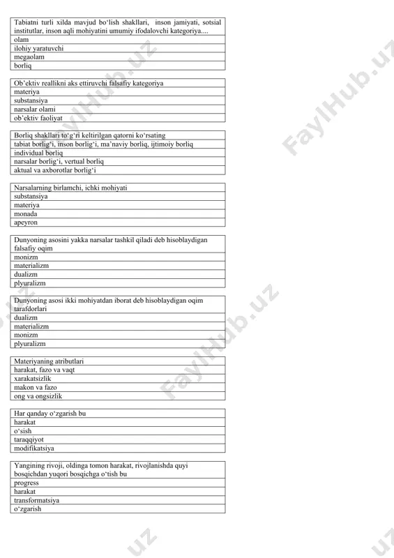 etuvchi tomonlari, kuchlarining o‘zaro munosabatini bildiruvchi qonun bu qarama-qarshiliklar birligi va kurashi qonuni sifat o‘zgarishlarining miqdor o‘zgarishlariga o‘zaro o‘tish qonuni inkorni inkor qonuni dinamik qonun umumiy bog‘lanish va aloqadorlik munosabatlarini ifodalovchi tushuncha kategoriyalar tushunchalar prinsiplar nazariyalar alohida sifat va miqdor aniqligiga ega bo‘lgan narsa, hodisa va jarayon bu yakkalik xususiylik konkretlik umumiylik ob’ektiv voqelikning barcha yoki bir qancha narsa yoki hodisalaridagi ob’ektiv mavjud bo‘lgan tomonlar, xossalar va belgilarning majmui bu umumiylik xususiylik yakkalik element qonuniyatlarga asoslangan rivojlanishning namoyon bo‘lishi voqelik mohiyat mazmun shakl o‘zida alohidalik, maxsuslik, umumiylikning mazmunini, sababini, zaruriyatini, imkoniyatini, butun, qism, sistema, struktura, element tarzida namoyon bo‘lish bu mohiyat sabab mazmun struktura narsa va hodisalarning rivojlanish jarayonidagi sistemani tashkil qilgan elementlarning strukturaviy bog‘lanishi bo‘lib, uni boshqa sistemalardan farqini belgilaydigan aloqadorliklar va munosabatlarni ifodalaydigan kategoriya mazmun seloe struktura sistema ijtimoiy ong shakllarini aniqlang axloqiy, estetik, diniy, falsafiy, siyosiy, xuquqiy ong ma’rifiy, odatiy, tajribaviy madaniy, ma’rifiy, ilmiy, diniy, axloqiy, odatiy …