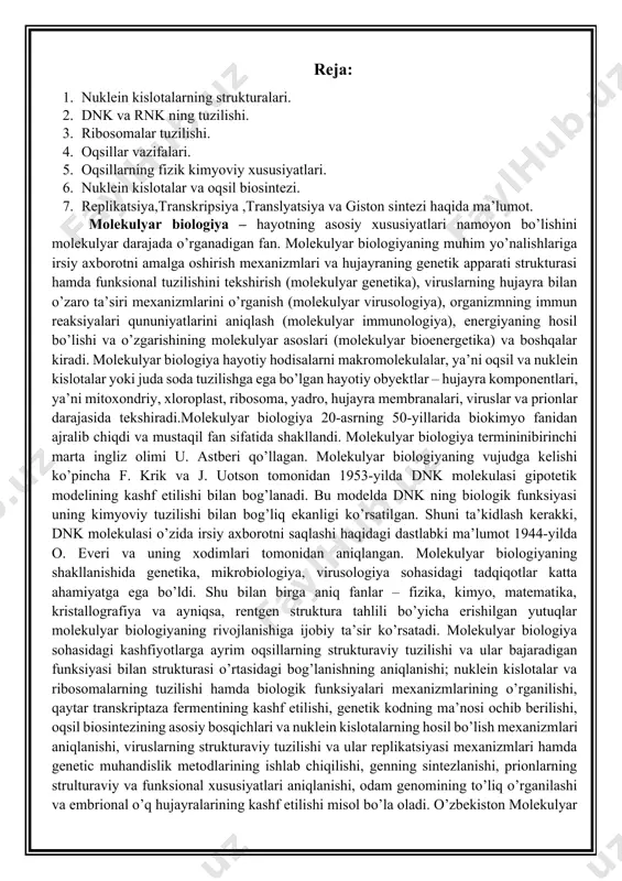 lozim. nuklein kislotalarning tahlili yo‘lida ilmiy izlanishlar olib borish, shubhasiz, biologiya, tibbiyot va tirik organizmlar fanida kashfiyotlar qilishga imkoniyat beradi. nuklein kislotalar tuzilishida komplementarlik prinsipining ochilishi nafaqat bu biopolimerlar tuzilishining sirlarini ochishga, balki biologik makromolekulalar sintez mexanizmi va hosil bo‘lishini ochishga imkon berdi. nuklein kislotalar yuqori molekulali birikmalardir. nuklein kislotalar boshqa polimerlarga xos bo‘lmagan qator muhim biologik funksiyalarni bajaradilar, ularning asosiylari quyidagilar: irsiy axborotning saqlanishi va o‘tkazilishini ta’minlash, hujayra barcha oqsillari sintezini programmalash orqali axborotni o‘tkazish mexanizmida bevosita ishtirok etadi. nuklein kislotalarni struktur tarkibiy qismlari kofaktor, allosterik effektor vazifasini bajarib, kofermentlar tarkibida, modda almashinuvida, energiyani hosil bo‘lishi, o‘tkazilishida, saqlanishida bevosita ishtirok etadi. ikki xil nuklein kislota - dnk (dezoksiribonuklein) va rnk (ribonuklein) tafovut qilinadi. odam hujayralaridagi dnk molekulalarining uzunligi bir necha santimetrdir. har bir xromosoma dnksi nihoyat darajada katta bo‘lgan bir molekuladan yoki kamgina sondagi shunday molekulalardan iborat bo‘lishi mumkin. odamning 23 juft xromosomalaridagi dnkning umumiy uzunligi taxminan 1,5 mga …