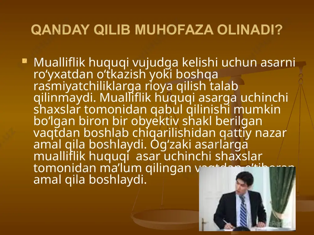 takrorlaganlik uchun haq ishlab chiqaruvchilar yoki asarni takrorlash uchun ishlatiladigan asbob-uskunalar (audio apparatlar, vidеomagnitofonlar va shu kabilar) hamda asar moddiy jismining (audio va (yoki) vidеo plyonkalar, kassеtalar, lazеr diskalar, kompakt diskalar va shu kabilarning) importchilari tomonidan ajratmalar (foizlar) shaklida to’lanadi. qonuniy e’lon qilingan musiqa asarlarini rasmiy, diniy va dafn marosimlarida bunday marosimlarning хususiyatiga mos hajmda muallifning roziligisiz va mualliflik haqi to’lamagan holda omma oldida ijro etishga yo’l qo’yiladi. sudlov va ma’muriy ish yuritish maqsadlarini ko’zlab, foydalanish maqsadiga mos hajmda asarlarni muallifning roziligisiz va mualliflik haqi to’lamagan holda ijro etishga yo’l qo’yiladi. mualliflik huquqi belgisi mualliflik va turdosh huquqlarni himoya qilish usullari mualliflik huquqini himoya qilishda asosan quyidagi fuqarolik huquqiy vositalar qo’llanadi: huquqning tan olinishi; huuqi buzilganga qadar mavjud bo’lgan avvalgi huquqni tiklab qo’yish; bitimni haqiqiy emas dеb tanish va uning haqiqiy emasligini qo’llash oqibatlari; davlat organi yoki o’zini-o’zi boshqarish organalarining aktini qonunsiz dеb tanish; huquqni o’zi himoya qilish; majburiyatni mulk …