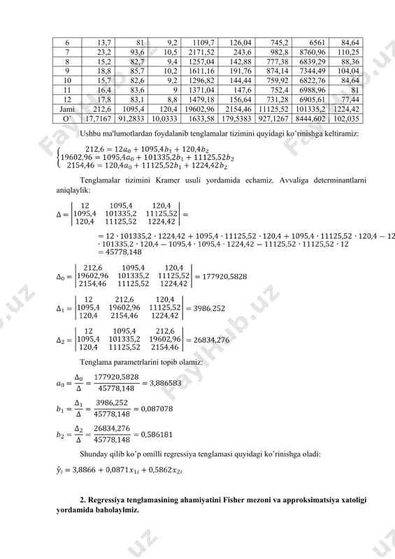 acha nisbiy approksimatsiya xatoligini topamiz: avvalo ba’zi hisoblashlarni amalga oshiramiz: 1 16,2 87,6 9,2 16,907447 0,654837 0,5004808 0,0436695 2 19,6 111,5 13 21,216089 12,245958 2,6117441 0,0824535 3 20,2 110,6 11,5 20,258448 6,460652 0,0034162 0,0028935 4 18,4 102,7 10,4 18,925736 1,4618481 0,2763981 0,0285726 5 17,4 90,7 10 17,646332 0,004947 0,0606795 0,014157 6 13,7 81 9,2 16,332734 1,9152684 6,9312906 0,1921704 7 23,2 93,6 10,5 18,191948 0,2258919 25,080589 0,2158643 8 15,2 82,7 9,4 16,598003 1,2514094 1,9544112 0,0919739 9 18,8 85,7 10,2 17,32818 0,1509218 2,1662537 0,0782883 10 15,7 82,6 9,2 16,472059 1,5490492 0,5960745 0,0491757 11 16,4 83,6 9 16,4419 1,6250299 0,0017556 0,0025549 12 17,8 83,1 8,8 16,281125 2,0607797 2,3069811 0,0853301 jami 212,6 1095,4 120,4 212,6 29,606592 42,490075 0,8871037 o’rtacha 17,71667 91,2833 10,0333 17,71667 2,467216 3,5408395 0,0739253 o’rtacha approksimatsiya xatoligi quyidagi formula orqali topiladi: bo'lganligi sababli, tenglama yuqori aniqlikka ega. b) fisher mezonidan foydalanib, butun regressiya tenglamasining statistik ahamiyatini tekshiramiz. fisher mezoning hisoblangan qiymati (statistika) …