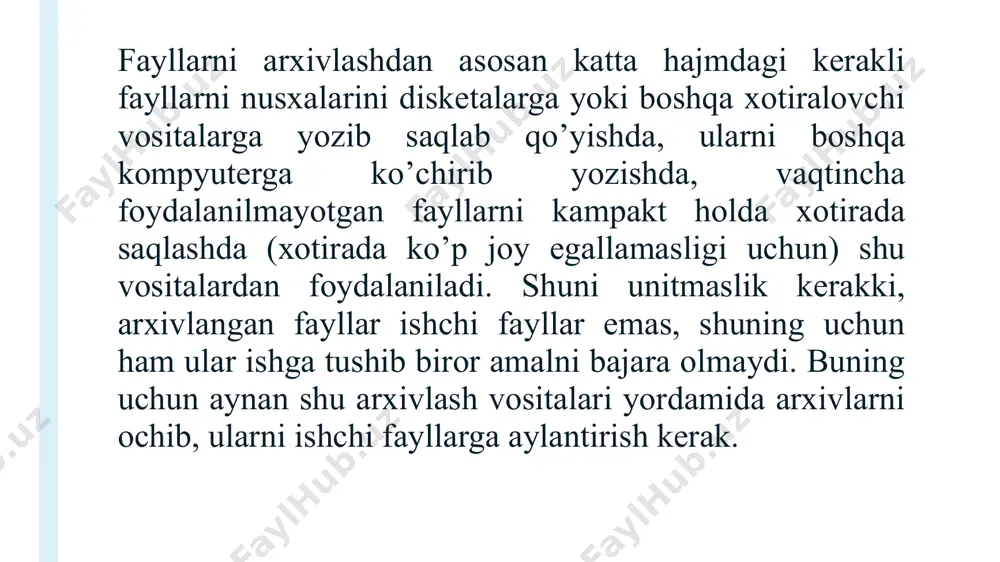 omdagi fayllar paydo bo’ladi; kompyuter ishga tushishdan bosh tortadi. hozirgi paytda mavjud bo’lgan virus-dasturlarni ta`sir qilish usullariga ko’ra quyidagi guruhlarga bo’lish mumkin: oddiy faylli viruslar – fayllar bilan birga kompyuter xotirasiga kelib tushuvchi va shu fayl ishga tushirilgandagina o’z faoliyatini boshlovchi viruslar; rezident faylli viruslar – chaqirilgan fayl bilan birga kompyuterning tezkor xotirasiga kelib tushuvchi va kompyuterning ishlashi mobaynida shu xotirada qolib, so’ngra esa, tezkor xotiraga chaqirilgan barcha fayllarni zararlovchi viruslar; ko’rinmas viruslar – rezident viruslarga o’xshaydi, lekin ular o’zlarining borligini sezdirmaslikka harakat qiladi ya`ni o’zlarining borligini turli usullar bilan niqoblovchi viruslar; yuklovchi sektor viruslari – disklar yoki disketalarning yuklovchi sektorini ishdan chiqarishga mo’ljallangan, ya`ni shu sektorlarda joylashgan tizimli dasturlarni zararlovchi viruslar; fat viruslari – fat jadvalini ishdan chiqaruvchi, ya`ni fayllarning diskda joylashuvini ko’rsatuvchi jadvalni o’zgartiruvchi yoki yo’qotuvchi viruslar; shifrlangan viruslar – har bir ta`sir qilish siklidan keyin o’zining kodlanishini ham, joylashishini ham o’zgartirib turuvchi viruslar; “troya oti” – o’zini …