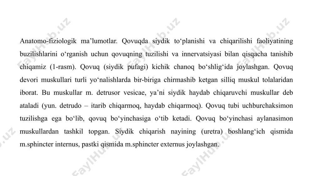 at. bu holat detruzorni innervatsiya qiluvchi parasimpatik spinal markazlar (-), ot dumi, chanoq nervlari va chigallari zararlanganda kuzatiladi. areflektor qovuq – spinal diashizni yuzaga keltiruvchi o‘tkir spinal kasalliklarda rivojlanadigan holat. giporeflektor qovuqni yuzaga keltiruvchi barcha patologik holatlar areflektor qovuq sindromini ham yuzaga keltiradi. bu, ayniqsa, og‘ir kasalliklarda uchraydi. areflektor qovuq sindromi juda og‘ir holat bo‘lib, bemorda siyishga bo‘lgan refleks butunlay yo‘qoladi, qovuq siydikka to‘lib kattalashib ketadi, qovuq atoniyasi yuzaga keladi. tashxis. nevrogen qovuq sindromi tashxisini qo‘yish unchalik qiyinchilik tug‘dirmaydi. asosiy muammo ushbu sindromni yuzaga keltirgan sababni aniqlash va topik tashxisni qo‘yish bilan bog‘liq. tashxis qo‘yish algoritmi. siyish buzilishlari qachon va nimadan keyin paydo bo‘lganligi hamda qay tarzda namoyon bo‘lishini so‘rab-surishtirish bemorning bolalik davridan boshlab hayot anamnezini o‘rganish. nevrologik kasalliklar mavjudligi va ularning qovuq disfunktsiyasi bilan bog‘liqlik darajasini aniqlash. urologik kasalliklarni inkor qilish. ob’ektiv tekshiruvlardan anogenital soha sezgirligi hamda anal va bulbokavernoz reflekslarni tekshirishga asosiy urg‘u berish. tsistometriya – qovuqning ichki …