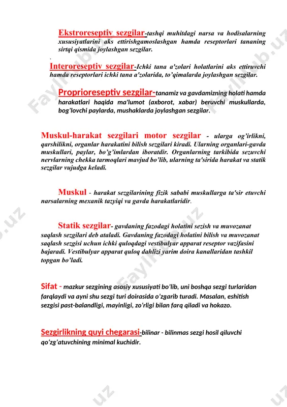 arakatini bilish sezgilari kiradi. ularning organlari-gavda muskullari, paylar, bo’g’imlardan iboratdir. organlarning tarkibida sezuvchi nervlarning chekka tarmoqlari mavjud bo’lib, ularning ta'sirida harakat va statik sezgilar vujudga keladi. muskul - harakat sezgilarining fizik sababi muskullarga ta'sir etuvchi narsalarning mexanik tazyiqi va gavda harakatlaridir. statik sezgilar- gavdaning fazodagi holatini sezish va muvozanat saqlash sezgilari deb ataladi. gavdaning fazodagi holatini bilish va muvozanat saqlash sezgisi uchun ichki quloqdagi vestibulyar apparat reseptor vazifasini bajaradi. vestibulyar apparat quloq dahlizi yarim doira kanallaridan tashkil topgan bo’ladi. sifat - mazkur sezgining asosiy xususiyati bo’lib, uni boshqa sezgi turlaridan farqlaydi va ayni shu sezgi turi doirasida o’zgarib turadi. masalan, eshitish sezgisi past-balandligi, mayinligi, zo’rligi bilan farq qiladi va hokazo. sezgirlikning quyi chegarasi-bilinar - bilinmas sezgi hosil qiluvchi qo’zg’atuvchining minimal kuchidir. sezgining mutlaqo yuqori sezuvchanligi- qo’zg’atuvchining kuch bilan ta'sir qilishiga aytiladi. sezgilar o’rtasidagi bilanar-bilinmas farqni hosil qiluvchi ikkita qo’zg’atuvchi o’rtasida mavjud bo’lgan minimal farq ajratish chegarasi yoki ayirma chegarasi deb …