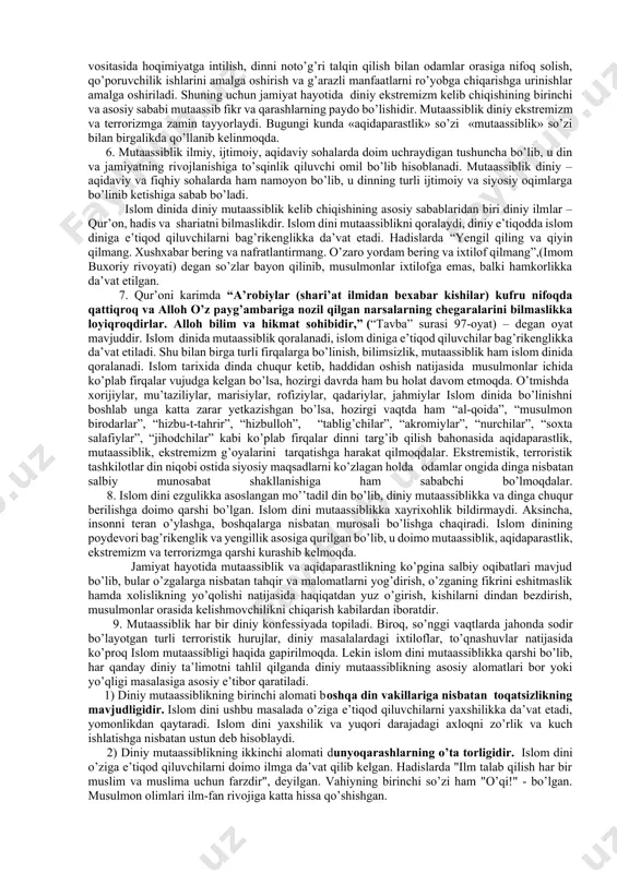 eltirib chiqaradilar, jamiyat taraqqiyotiga salbiy ta’sir ko’rsatadilar. mutaassiblikdagi ommaviylik muayyan xatti-harakatlar uchun shaxsiy javobgarlik hissini yo’qotib harakatga ommaviy tus beradi o’zining shubhasiz haqligiga, haqiqatni faqat o’zi bilishiga ishonch hissi zo’ravonlik harakatlariga moyilligi bilan ajralib turadigan diniy ekstremizmning paydo bo’lishiga olib keladi. 3. bugungi kunda jahonning ko’pgina mintaqalarida ijtimoiy-siyosiy vaziyatni beqarorlashtirib, begunoh kishilarning hayotiga zomin bo’layotgan mutaassiblarning ekstremistik xatti-harakati bu illatga qarshi birgalikda kurash olib borishni taqozo qilmoqda. mutaassiblikning shaxs va jamiyatga yetkazadigan zararlari juda katta bo’lib, mutaassib – darg’azab, jazavali, asabiy, hissiyotga berilgan va qattiq hayajonga tushuvchi shaxs sifatida o’z g’oyalarini, qarashlarini odamlar o’rtasida faollik bilan targ’ib qilishga harakat qiladi. mutaassib voqe’likni o’zining asl holatida emas, balki o’zining tasavvuri, dunyoqarashidan kelib chiqib ko’rishga harakat qiladi. mutaassib faqat o’zini haq, o’zgalarni nohaq deb bilgani uchun jamiyat hayotida ixtiloflarni keltirib chiqaradi. u boshqalardan o’zining talabi bilan yashashni talab qiladi, agar kim uning fikriga qo’shilmasa, unday odamlarni adashgan odam deb hisoblab, uni chetlashtirishga …