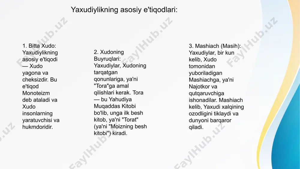 udiylikda va keyinchalik xristianlikda muhim o'rin tutgan e'tiqoddir. yehova - bu yahudiylikda xudoning nomlaridan biri bo'lib, o'ziga xos bir tarjima sifatida “yahva” yoki “jehovah” deb ham ataladi. bu nom xudoning juda o'zi, yagona bo'lishini va butun olamni boshqarishini bildiradi. yehovaga ishonish, uning barcha qonunlariga va buyruqlariga bo'ysunish, yahudiylar uchun, shuningdek, xristianlar uchun asosiy e'tiqod va axloqiy majburiyatni tashkil etadi. monoteizm va yehova etiqodi o'rtasidagi farq shundaki, yehova etiqodi aynan yahudiylik va xristianlikda xudoning aniq nomiga ishonishni anglatadi, monoteizm esa faqatgina xudoning yagona mavjudligi va mavjudot sifatida tan olinishi haqidagi umumiy e'tiqodni ifodalaydi. yahudiylik dini, dunyodagi eng qadimiy monoteistik dinlardan biri bo‘lib, o‘zining marosimlari, anʼanalari va qadriyatlari bilan ajralib turadi. yahudiylikda diniy marosimlar va anʼanalar hayotning turli jabhalarida muhim o‘rin tutadi. ushbu marosimlar va anʼanalar juda ko‘p, ammo eng muhimlarini qisqacha ko‘rib chiqamiz: 1 . pasxa (pesax) pasxa yahudiylar uchun juda muhim bayramdir va misrda qullikdan ozod bo‘lishni eslash maqsadida nishonlanadi. …