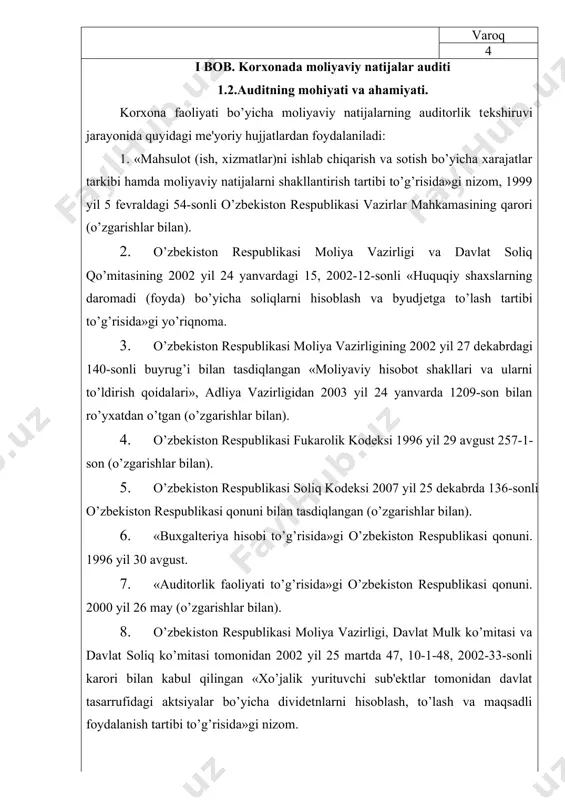 o’zbekiston respublikasi qonuni. 2000 yil 26 may (o’zgarishlar bilan). 8. o’zbekiston respublikasi moliya vazirligi, davlat mulk ko’mitasi va davlat soliq ko’mitasi tomonidan 2002 yil 25 martda 47, 10-1-48, 2002-33-sonli karori bilan kabul qilingan «xo’jalik yurituvchi sub'ektlar tomonidan davlat tasarrufidagi aktsiyalar bo’yicha dividetnlarni hisoblash, to’lash va maqsadli foydalanish tartibi to’g’risida»gi nizom. varoq 5 9. “auditorlik tashkilotlari faoliyatini yanada takomillashtirish hamda ular ko’rsatayotgan xizmatlar sifati uchun javobgarlikni oshirish to’g’risida”gi 2007 yil 4 apreldagi pq-615-sonli o’zbekiston respublikasi prezidentining qarori (22.12.2009 y. pq-1245-sonli o’zgartirishlar bilan). 10. "auditorlik faoliyatini takomillashtirish va auditorlik tekshirishlarining ahamiyatini oshirish to’g’risida" 2000 yil 22 sentyabrdagi 365-son qaroriga o’zgartirish va qo’shimchalar kiritish haqida” gi 2007 yil 17 maydagi 99-sonli vazirlar mahkamasining qarori. 11. "ustav kapitalida davlat aktsiyalari paketi (ulushlari) 50 foizdan ortiq bo’lgan korxonalarda tashqi auditni o’tkazadigan auditorlik tashkilotlari ro’yxatiga auditorlik tashkilotlarini kiritish tartibi to’g’risida”gi davlat mulki qo’mitasi va moliya vazirligining 2007 yil 12 fevraldagi 01g`12-18g`03, 20-son qarori bilan tasdiqlangan nizom …