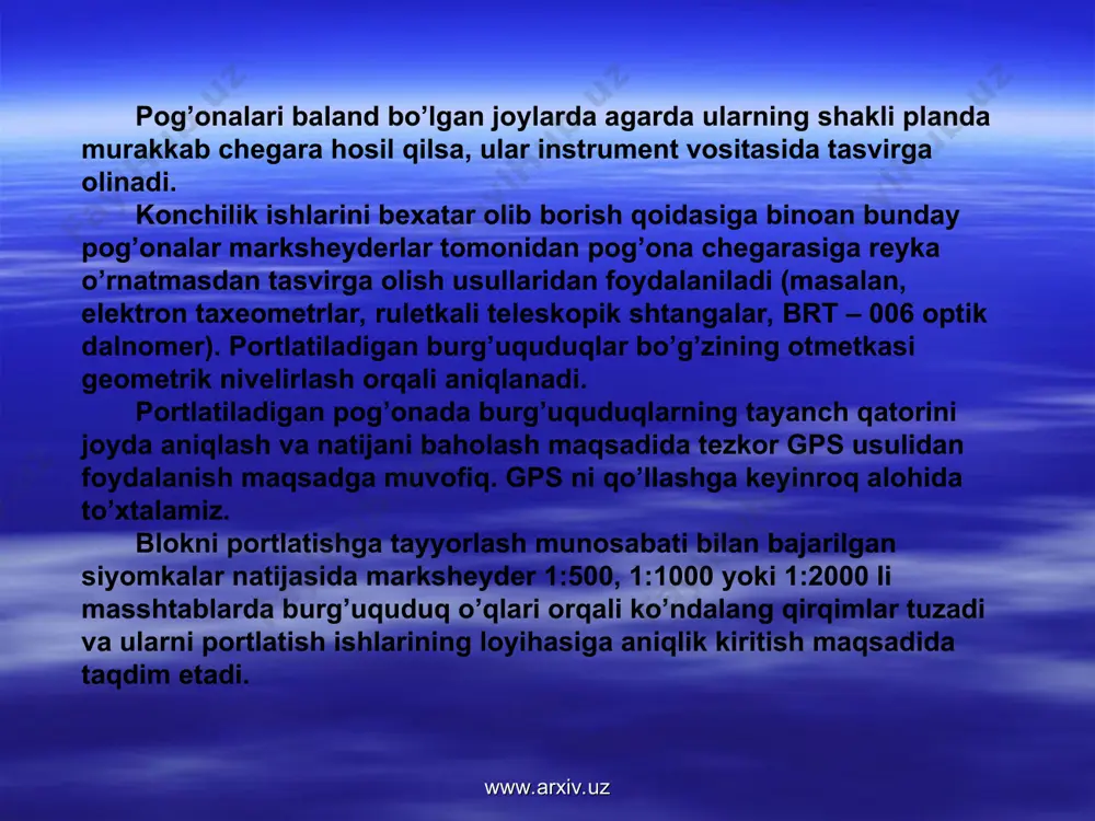 i imkoniyatlaridan foydalanishga bog’liq. usul mohiyati ikki punktda (biri statsionar, koordinatalari berilgan punkt) sinxron ravishda qisqa vaqt ichida (10 -15 min) informatsiyani magnit lentasida yoki diskda yozib qoldirish sharti bilan, kuzatishlardan iborat. o’lchashlarni keyinchalik ishlab chiqish natijada ikkita punktni birlashtiruvchi vektor aniqlanadi. bu holat uchun xordali vektor muhitning (ionosfera, trotosfera) ta’siri xotoligidan holi bo’ladi. chunki 50 -60 km masofa uchun sputnik signallarini parallel chiziqlar bo’ylab o’tgan deb hisoblash mumkin. gps ish prinsipi ”fazoviy kestirma” usuliga xos ravishda tuzilgan ya’ni, qabul indikatorlarining o’rni sputniklarning ma’lum bo’lgan koordinatalari va ularning har birini pryomnik antennasidan uzoqlashgan masofasi (soxta uzoqlik -s) orqali aniqlanadi. uch o’lchamli koordinatalarni aniqlash uchun uchta sputnik yetarli bo’ladi. joy o’rnini topish masalasi uchta berilgan koordinata va masofa orqali matematik usulda topiladi. ( ) q t 1 f ( ) 1 0 t t - ) ( 0 q t f ( ) q t dt d q t f d …