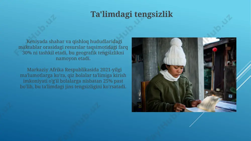 larini maktabga yuborishda qiynalmoqda. bu esa, janubiy afrika respublikasida keng tarqalgan muammo. qizlarning ta'lim olish imkoniyatlarining cheklanganligi qizlarning 60% dan ortig‘i nigeriya shimolidagi qishloqlarda maktabga borish imkoniyatidan mahrum, bu esa erta turmushga chiqish va bolalik homiladorligi kabi omillar bilan bog‘liq. janubiy afrika respublikasida qizlarning o‘rta maktabni tugallash ko‘rsatkichi o‘g‘il bolalarga nisbatan 15% ga past bo‘lib, bu ta'limdagi gender tengsizligini ko‘rsatadi. darsliklar va o'quv materiallarining etishmasligi janubiy afrikaning kvazulu-natal provinsiyasida 2000 dan ortiq o'quvchi darsliklarsiz, asosan, ingliz tili va matematikadan qoldi, bu o'quv natijalariga jiddiy ta'sir qildi. nigeriyaning qishloq hududlaridagi 1000 dan ortiq maktabda darsliklarning 70% yetishmovchiligi kuzatilmoqda, bu o'quv jarayonini sezilarli darajada pasaytiradi. ta'lim siyosatining samarasizligi ta'lim siyosatining samarasizligi natijasida 2022 yilda tanzaniyadagi 5 yoshdan kichik bolalarning 40%i maktabga bormagan, bu esa iqtisodiyotga salbiy ta'sir ko'rsatmoqda. nigeriyada o'qituvchilarning kamligi va malakasizligi sababli, 2021 yilda boshlang'ich ta'lim darajasida o'quvchilarning 60%i o'qish va yozishni yaxshi bilmagan. e'tiboringiz uchun rahmat @taqdimot_robot image1.jpg image2.jpg …