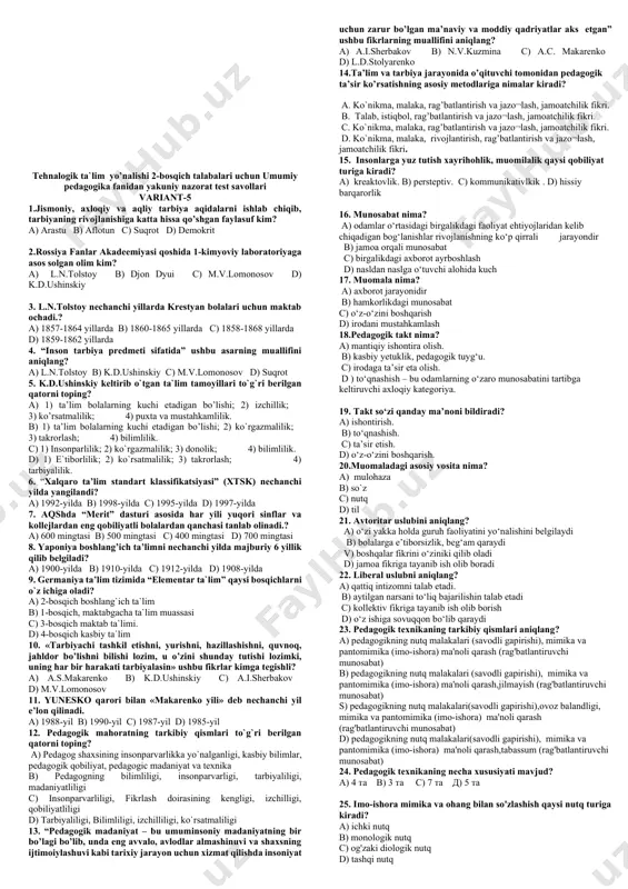 ogning bilimliligi, insonparvarligi, tarbiyaliligi, madaniyatliligi c) insonparvarliligi, fikrlash doirasining kengligi, izchilligi, qobiliyatliligi d) pedagog shaxsining insonparvarlikka yo`nalganligi, kasbiy bilimlar, pedagogik qobiliyat, pedagogic madaniyat va texnika 16 “pedagogik madaniyat – bu umuminsoniy madaniyatning bir bo’lagi bo’lib, unda eng avvalo, avlodlar almashinuvi va shaxsning ijtimoiylashuvi kabi tarixiy jarayon uchun xizmat qilishda insoniyat uchun zarur bo’lgan ma’naviy va moddiy qadriyatlar aks etgan” ushbu fikrlarning muallifini aniqlang? a) n.v.kuzmina b)l.d.stolyarenko c) a.c. makarenko d) a.i.sherbakov 17. qaysi madrasaning darvozasiga «bilim olish har bir musulmon ayol va erkakning burchidir» deb yozib qo`yilgan? a) samarqand b) buxoro c) g`ijdivon d) xorazm al-ma`mun 18. o’rtaosiyoda faoliyat yuritgan qizlar maktabining yirik namoyondalaridan biri kim? a) zulfiya b) nodira c) uvaysiy d) anbar otn 19. “odob as-solihin” asarining muallifi kim? a) ) ahmad yugnakiy b) mahmudxo`ja behbudiy c) munavvarqori abdurashidxonov d muhammad sodiq qoshg’ariy 20.turkistonda dastlabki rus o’rta o’quv yurtlari nechanchi yillardan ochila boshladi? a) )1874-yillardan b) 1872-yillardan c) …