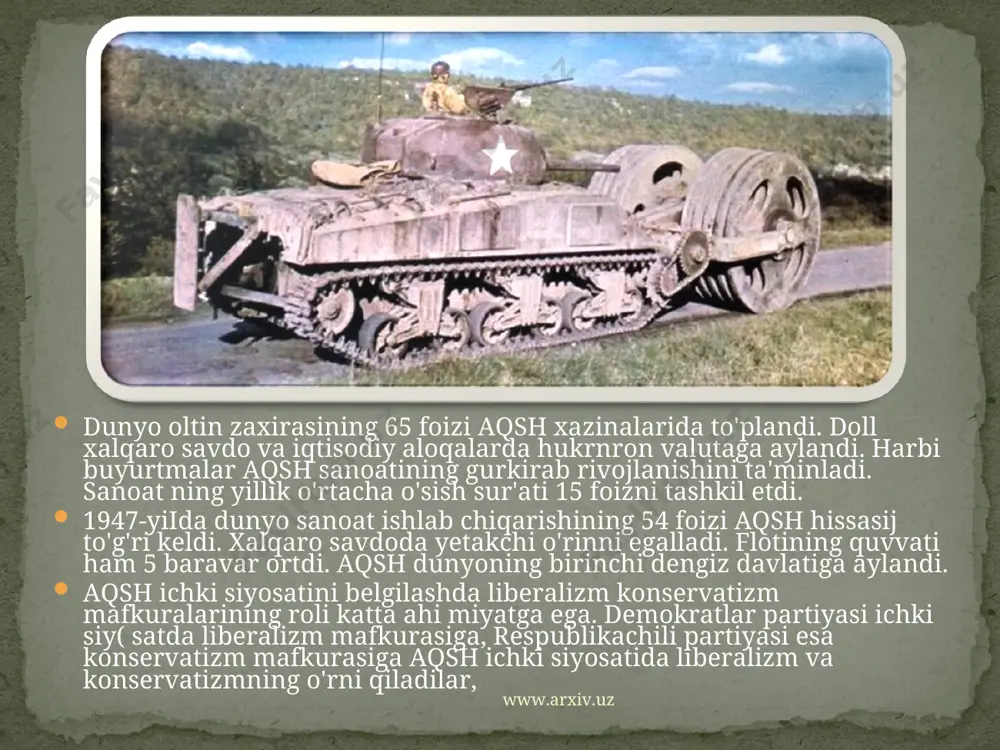 irinchi o'ringa aqsh ning ichki siyosati chiqdi. nega shunday bo'ldi? urush yillarida aqsh qurolli kuchlarida 12 mln. kishi xizmat qildi. 1947-yilga kelib ularning sonini 1 — 1,5 mln. kishiga tushirish haqida qaror qabul qilindi. www.arxiv.uz www.arxiv.uz binobarin, 10,5—11 mln. harbiyni ish bilan, uy-joy bilan ta'minlash zarur edi. davlat bu muammoni hal etishga qaratilgan qator muhim qonunlar qabul qildi. rekonversiyaning yana bir muammosi — bu urush yillarida davlat qurgan zavodlar taqdiri masalasi edi. davlat ularni qurishga 17 mlrd. dollar sarflagan. urushdan keyin davlat o'z mulkini yarim bahosiga bo'lsa ham korporatsiyalarga soldi. ichki siyosatda mayda va o'rta korxonalar ko'payishiga alohida e'tibor berildi. urushdan keyingi dastlabki yillarda mamlakatda 9 mln. ta shaxsiy firmalar faoliyat ko'rsatdi. prezident g.trumen (1945—1952) 1948-yilda ijtimoiy himoya sohasida quyidagi tadbirlarni ilgari surdi: — ish o'rinlarining to'la bandligini ta'minlash; — adolatli mehnat munosabatlarini joriy etish; — davlat uy-joylari qurish va xaroba kulbalarni yo'q qilish. bu yo'l «adolatli yo*l» deb nom …