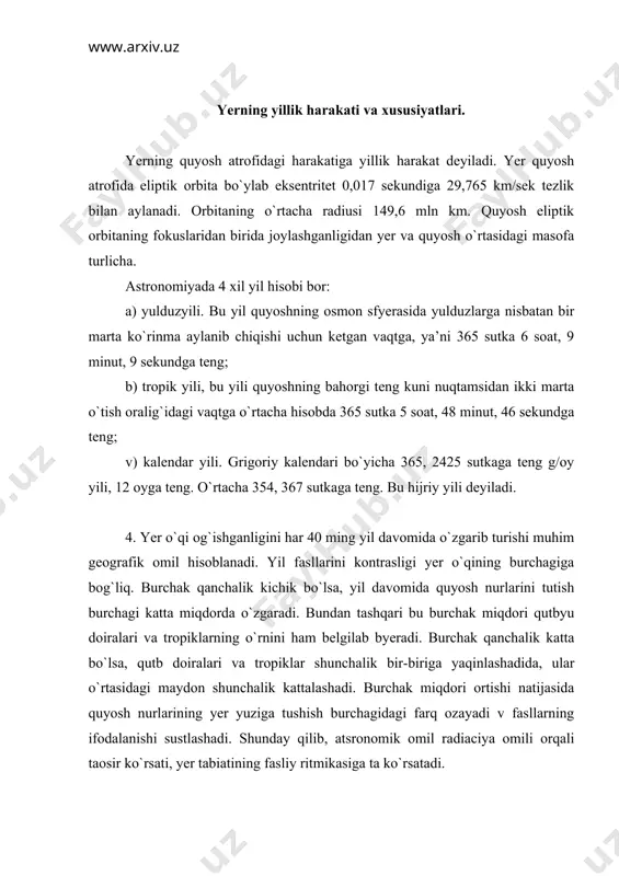 `rsatadi. yerning yoritish mintaqalari. a.p.shubaev (1977) har bir yarim sharda ettita yoritish mintaqalarini taklif qiladi. 1. ekvatoriyal mintaqa (0-10 gradus kengliklar) - kecha va kunduzning davom etishi deyarli teng, g`ira shira payti juda qisqa, quyoshning tushdagi burchak balandligi 90-56,5 gradusgacha boradi. yil fasllari almashmaydi. quyosh ikki marta zenitda bo`ladi. 2. ropik mintaqa (10-23,5 gradus kengliklar) kecha va kunduzi o`rtasida farq bor (10,5 soatdan 13,5 soatgacha), g`ira shira payti qisqa, quyosh balanldligi 90-47 gradusgacha. quyosh turish vaqtida quyosh zenitda bo`ladi. ikki xil fals kuzatiladi. 3. subtropik mintaqa (23,5-40 gradus kengliklar) kecha va kunduzdagi farq 9-15 soat. ғira shira uzoq davom etmaydi. yozda tropikldar yaqinida quyosh zenitga yaqinlashadi, qishda 26,5 gradusga pasayadi. ikki asosiy fasl yaxshi ifodalangan. oraliq fasllar unchalik ifodalangan emas. 4. mo`tadil mintaqa (40-58 gradus kenglik), kecha va kunduzi o`rtasidagi farq 18 soatdan 6 soatgacha. ғiri-gshira uzoq davom etadi. quyoshningbalandligi 8,5 yozda 55,5 to`rt fals yaxshi ifodalangan. 1,21 mart kuni …