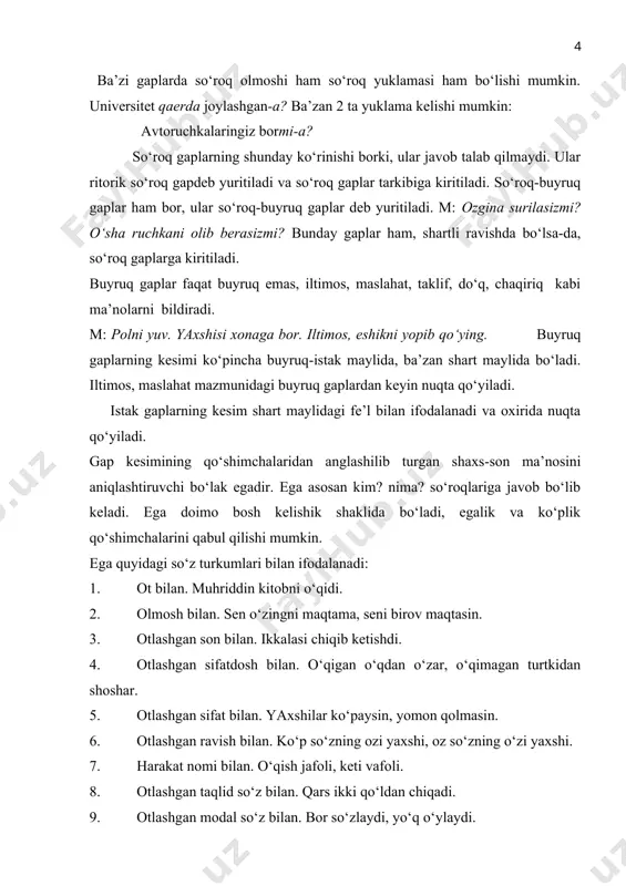 esim gap markazi bo‘lib, u tasdiq-inkor, zamon, mayl, shaxs-son ma’nolarini ifodalab keladi va gapning boshqa bo‘laklarini o‘z atrofiga birlashtiradi. ega kesimga ergashib, kesimda ifodalangan ish-harakatning bajaruvchisini ko‘rsatadi. gapni yuzaga keltirish, fikrni ifodalash jihatidan kesimning gapdagi ahamiyati juda katta. u hukmni ifodalovchi, gapning asosiy belgilarini ko‘rsatuvchi eng muhim bo‘lakdir. gapda ega ham, ikkinchi darajali bo‘laklar ham bevosita yoki bilvosita kesimga bog‘lanadi. kesim nima qildi? nima qilyapti? nima qilmoqchi? (nechanchidir, qandaydir? nimadir?) kabi so‘roqlarga javob bo‘ladi. kesim qaysi so‘z turkumi bilan ifodalanishiga ko‘ra 2 xil bo‘ladi: fe’l kesim va ot kesim kesim tuzilishiga ko‘ra 2 xil bo‘ladi: sodda kesim va murakkab kesim. fe’lning turli shakllari orqali ifodalangan kesim fe’l kesim deyiladi. fe’l kesim quyidagi ko‘rinishlarga ega: 1. sof fe’l kesim. men maktabga boraman. 2. ravishdosh bilan ifodalangan fe’lkesim. motor gurilliab, mashina oldinga intildi. 3. sifatdosh bilan ifodalangan kesim. po‘lat xatni kecha yuborgan. fe’ldan boshqa so‘z turkumlari (ot, sifat, son, olmosh, ravish, taqlid …