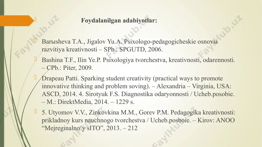 hlari uchun zarur shart-sharoitni yaratishga xizmat qiladi. ijodkor shaxsning shakllanishini shaxsning o‘zaro mos tarzda bajarilgan ijodiy faoliyat va ijodiy mahsulotlarni yaratish borasidagi rivojlanishi sifatida belgilash mumkin. ushbu jarayonning sur’ati va qamrovi biologik va ijtimoiy omillar, shaxsning faolligi va kreativ sifatlari, shuningdek, mavjud shart-sharoit, hayotiy muhim va kasbiy shartlangan hodisalarga bog‘liq. zamonaviy sharoitda pedagogning kreativlik sifatlariga ega bo‘lishi taqozo etadi. ko‘plab tadqiqotlarda intellekt va kreativlik o‘rtasidagi aloqadorlik xususida turlicha qarashlar mavjud. bir guruh tadqiqotchilar ular o‘rtasida hech qanday bog‘liqlik yo‘q ekanligini uqtirsalar, ikkinchi guruh vakillari kretivlik va intellekt darajasi bir-biriga bog‘liq ekanligini ta’kidlaydilar (kim, 2005 y.). “kreativlik” tushunchasi o‘zida madaniy xilma-xillikni aks ettiradi. g‘arb kishilari uchun kreativlik, umuman olganda, yangilik sanaladi. ular kreativlik negizida noan’anaviylik, qiziquvchanlik, tasavvur, hazil- mutoyiba tuyg‘usi va erkinlik mavjud bo‘lishiga e’tiborni qaratadilar (myordok, ganim, 1993 y.; shternberg, 1985 y.). sharqliklar esa, aksincha, kreativlikni ezgulikning qayta tug‘ilish jarayoni, deb tushunadilar (xui, sternberg, 2002 y.; rudovich, xui, 1997 y.; …