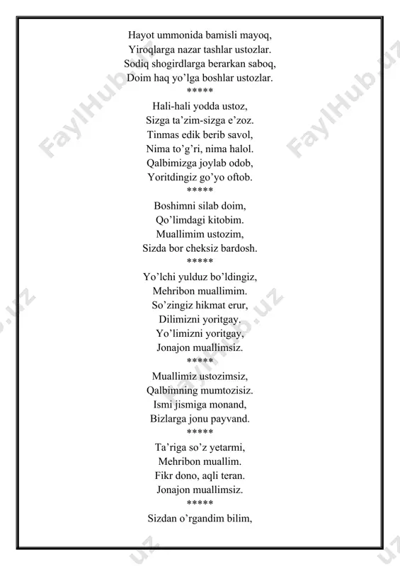 . so’zlar topib oz, iz, o’z, “s”ni qo’shib yasang so’z. ***** t t ikki chiziq,bitta harf, ko’p qilmaysan kuch ham sarf. to’qmoq ,taroq so’zdaman, tariq, tovoq tuzdaman. ***** u u men “u” dirman, unli “u”, ham kishilik olmosh u. bilib qo’ying shuni ham, ko’rsataman uni ham. ***** v v a harfga qo’shsang meni, va deb bog’layman seni. nimadir bir jon – u tan, men, oilam va vatan. ***** y y uchrayman har tomonda, yaxshida va yomonda. yor – yorda va yallada, faqat yo’qman allada. qiling shunga e’tibor, borda yo’qman, yo’qda bor. ***** z z men zo’rdirman, ziyrakman, zar zirakka kerakman. hech zumda, hech zamonda, “z”harf yo’q to’polonda. ***** o’ o’ men ham shunday belgili, shundan harfim belgili. aks holda “o” dan mutloq, ajratolmaysan, o’rtoq. ***** g’ g’ g’ildiraklarni g’ani, g’ildiratganda, meni. bosh harf bilan yozasiz, “g”ga belgi osasiz. ***** sh sh ikki belgi, bitta harf, shoshma yozsang. shamshod sharf. meni …
