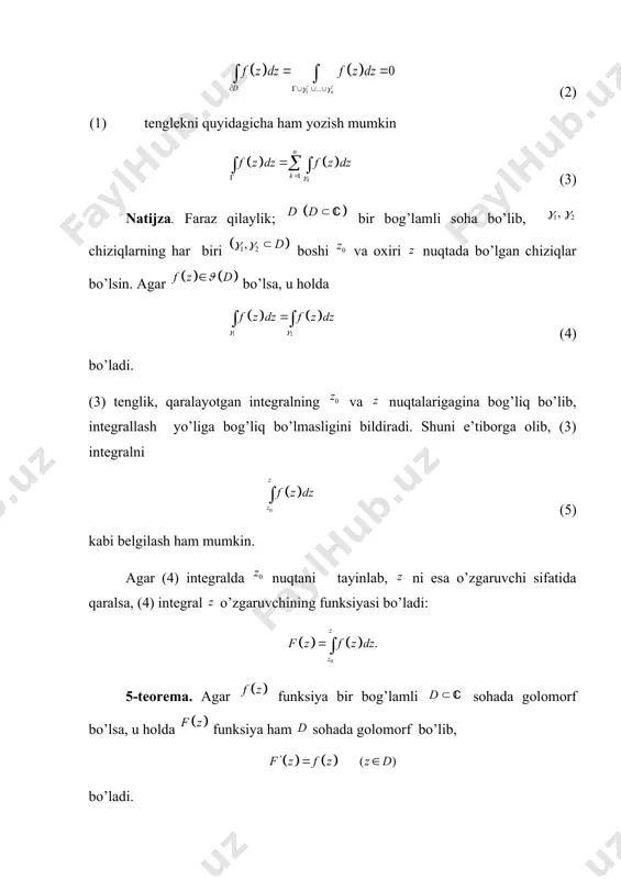 , ikkinchidan qaralayotgan yopiq chiziq da d sohaga tеgishli bo’ladi: unda koshi tеorеmasiga ko’ra bo’ladi. 20. boshlang’ich funksiya tushunchasi. faraz qilaylik,funksiya d sohada aniqlangan bo’lsin. 2 – ta'rif. agar d sohadafunksiya shu sohada golomorf funksiyaning hosilasiga tеng bo’lsa, ya'ni bo’lsa, u holda funksiya d sohada funksiyaning boshlang’ich funksiyasi dеyiladi. agar d sohada funksiya funksiyaning boshlang’ich funksiyasi bo’lsa, ham (c-ixtiyoriy o’zgarmas komplеks son) funksiyaning boshlang’ich funksiyasi bo’ladi. agar funksiya bir bog’lamli d sohada () golomorf bo’lsa, u holda funksiya shu sohada boshlang’ich funksiyaga ega bo’ladi. 8- mavzu. koshining intеgral formulasi. morera teoremasi. 1. koshining integral formulasi. 2. morera teoremasi. asosiy adabiyotlar. 1. шабат б. в. введение в комплексный анализ. т.1, м. наука, 1985 2. xudoybеrganov g., vorisov a.k., mansurov x.t., komlеks analiz. t. univеrsitеt. 1998 3. sa'dulloеv a., xudoybеrganov g., mansurov x.t., vorisov a.k., tuychiеv t. matеmatik analiz kursidan misol va masalalar tuplami (komplеks analiz). 3 qism. «o’zbеkiston» 2000y. 4. волковысский …