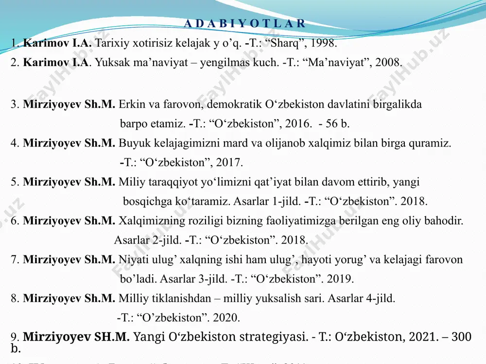 tlar mazmuni. o’zbekistonning eng yangi tarixi maqsadi: yoshlarni mamlakatimizda milliy istiqlol yillarida kechgan ijtimoiy-siyosiy jarayonlarni mustaqil tahlil qilishga o’rgatish; mazkur jarayonlarning rivojlanish qonuniyatlari, sabab va oqibatlarini tushunish hamda ochib berish orqali yoshlarning ilmiy dunyoqarashini shakllantirish, ularning ma’naviy-ma’rifiy salohiyatlarini yuksaltirish, ajdodlar merosiga sadoqat, vatanga muhabbat ruhiyatini shakllantirish; о‘zbekiston respublikasining birinchi prezidenti i.karimov hamda prezident sh.mirziyoyev rahbarligida amalga oshirilgan islohotlar va undan ko’zlangan maqsad va pirovard natijalar mazmun mohiyatini to’g’ri anglash va tahlil qilish malakasini shakllantirish. o’zbekistonning eng yangi tarixi vazifalari: jahondagi ilg’or, taraqqiyparvar demokratik davlatlarning tajribalarini umumlashtirish asosida xalqimizda yangicha ijtimoiy-siyosiy dunyoqarash madaniyatini shakllantirish; taraqqiyotning umume’tirof etilgan tamoyillariga asoslangan yo’llarni to’g’ri belgilab olishga ko’maklashish, yo’l qo’yilgan xatolarni takrorlamaslik, ulardan zarur xulosa va saboqlar chiqarish; taraqqiyotga, millat kelajagiga xavf soluvchi asosiy omillarni oldindan ko’ra bilish va ularni o’z vaqtida bartaraf etish; qo’shni va dunyo xalqlari bilan hаmjihatlikda, tinch-totuv yashash tamoyillarini shakllantirish. bugungi kunda o’zbekiston tarixini davrlashtirish masalasida tarixchi olimlar quyidagi yettita asosiy …